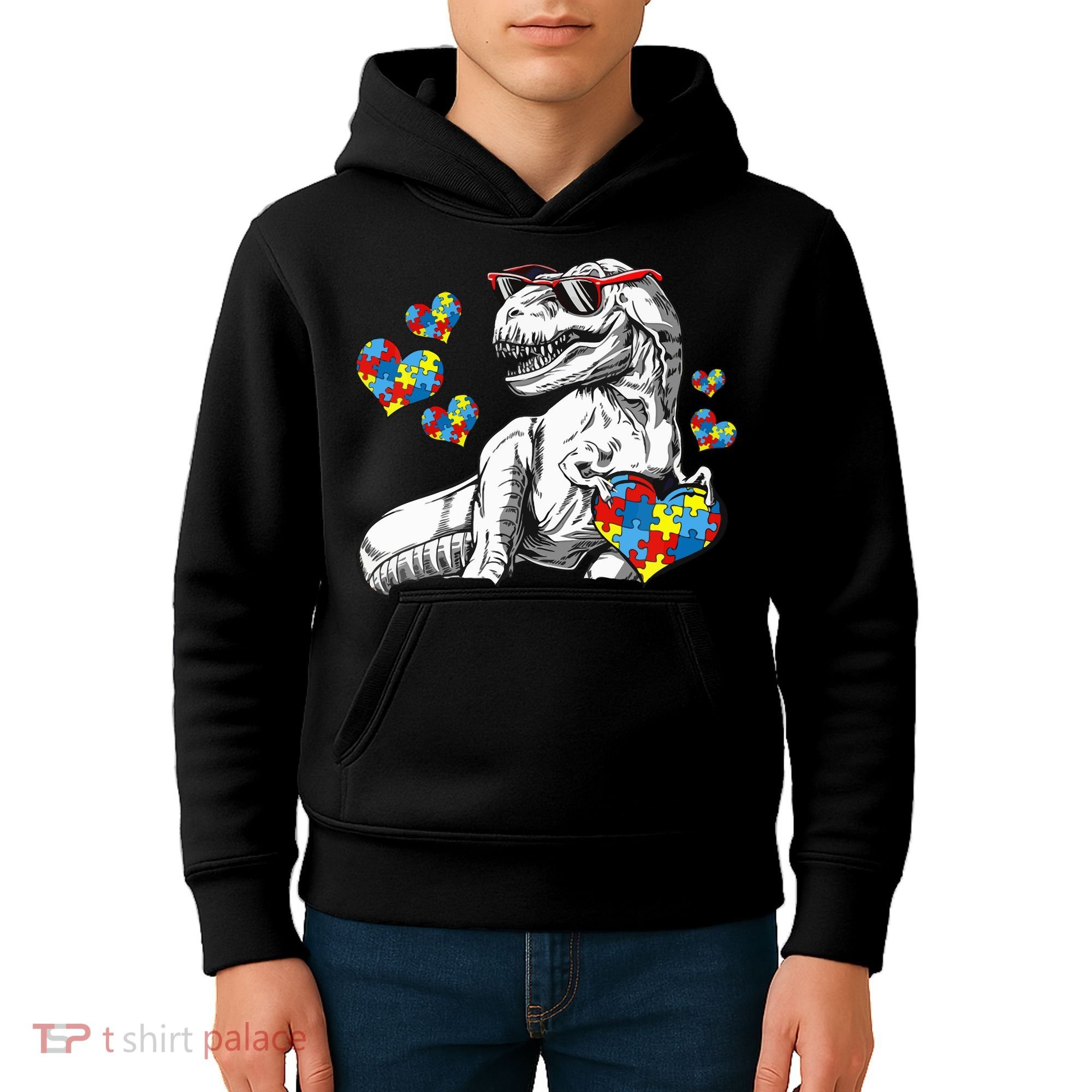 Autism Awareness TRex Dinosaur Sunglasses Heart Puzzle Kids Hoodie