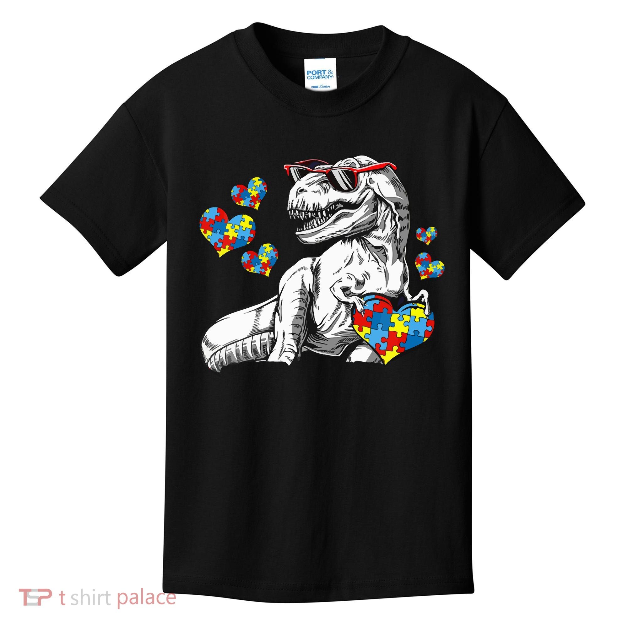 Autism Awareness TRex Dinosaur Sunglasses Heart Puzzle Kids T-Shirt