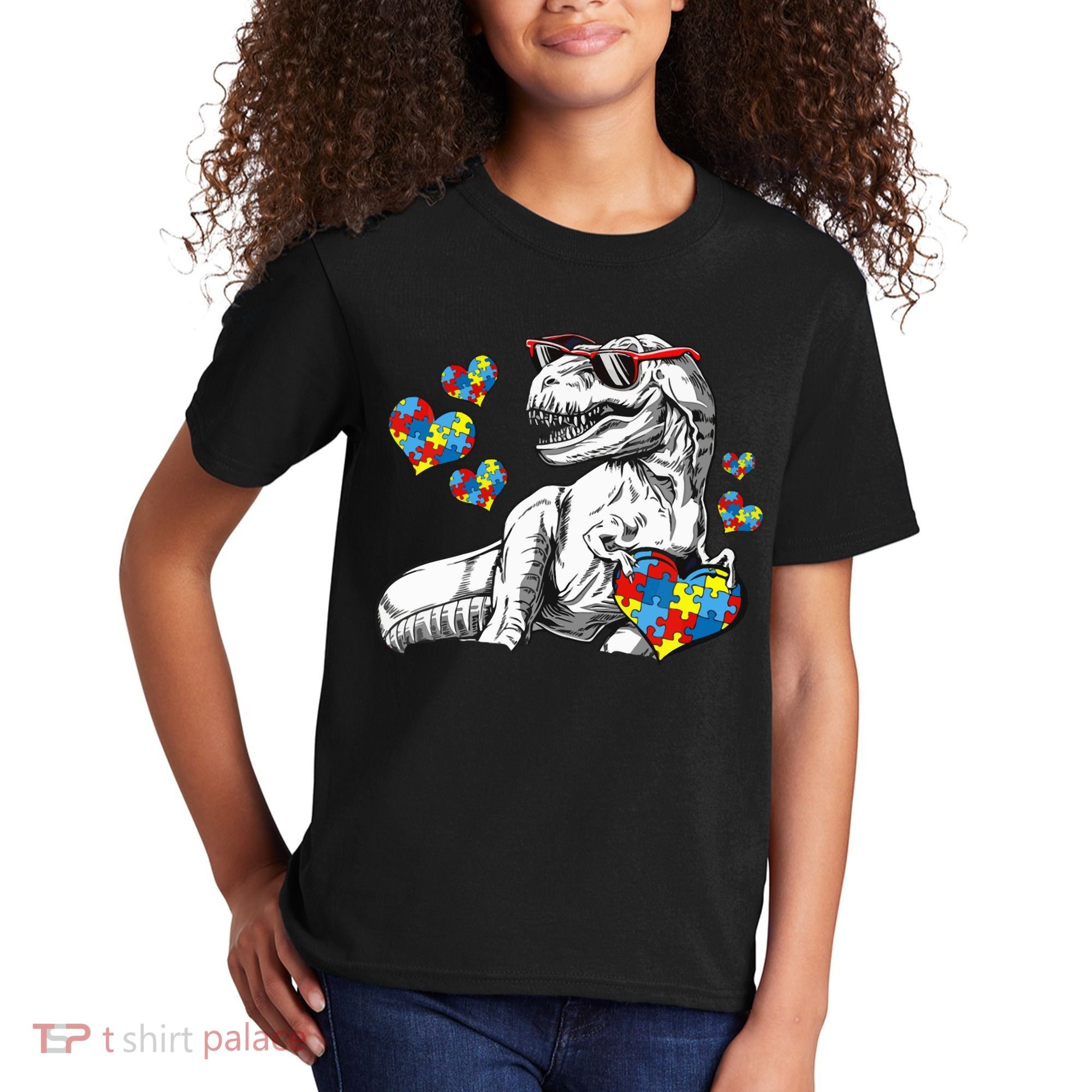 Autism Awareness TRex Dinosaur Sunglasses Heart Puzzle Kids T-Shirt