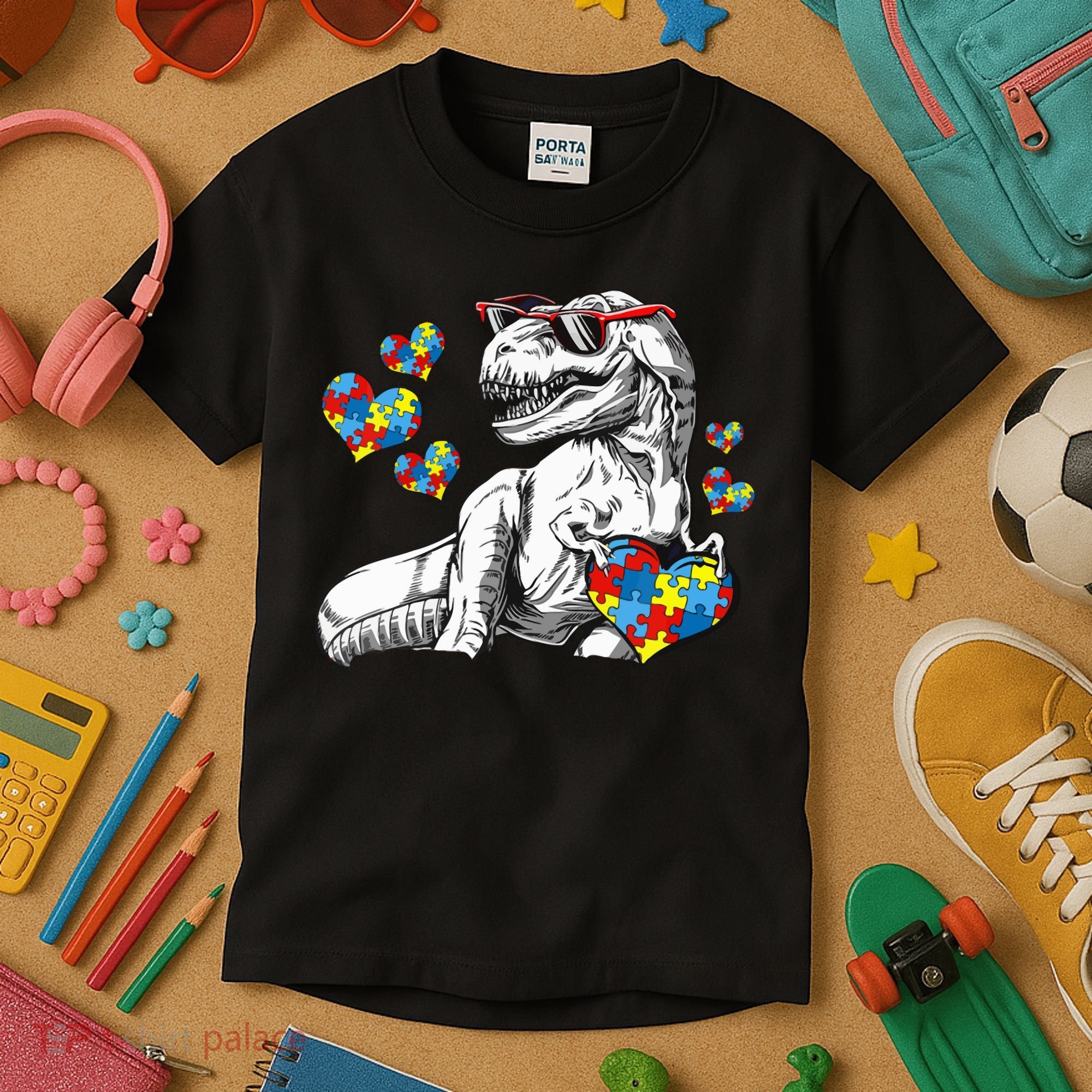 Autism Awareness TRex Dinosaur Sunglasses Heart Puzzle Kids T-Shirt
