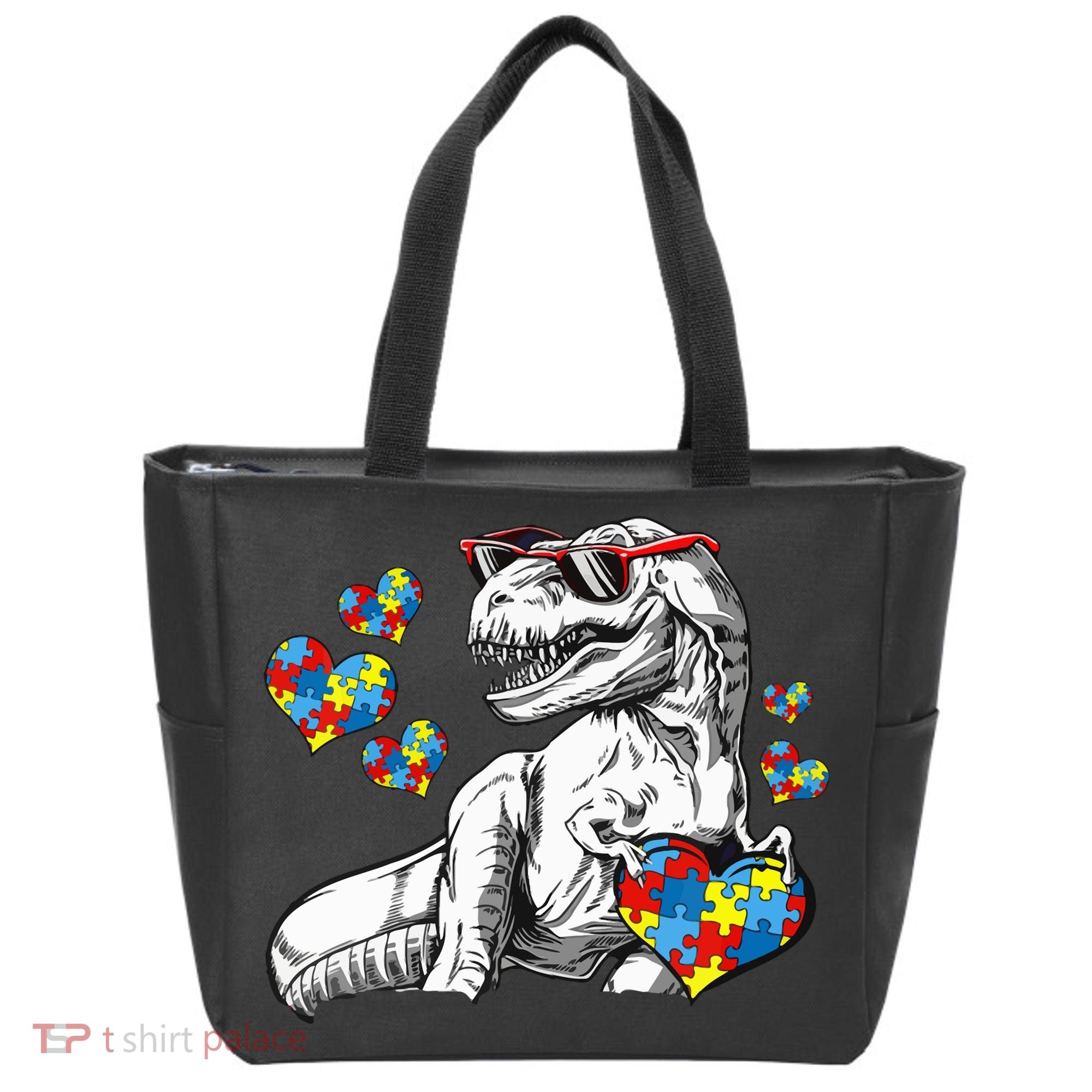 Autism Awareness TRex Dinosaur Sunglasses Heart Puzzle Tote Bag