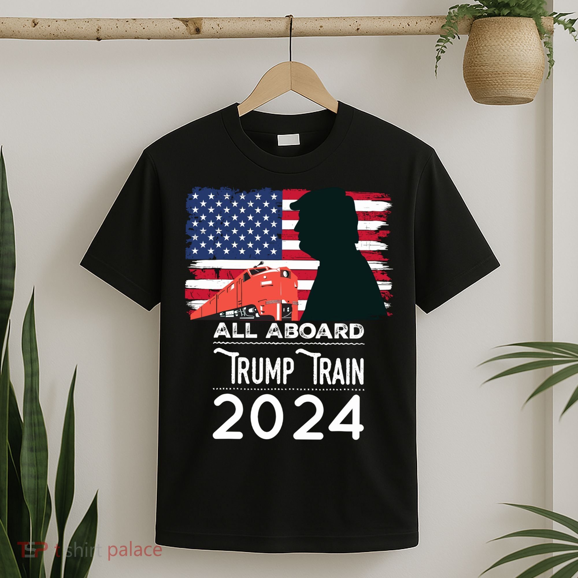 All Aboard Trump Train 2024 Vintage American Flag T-Shirt