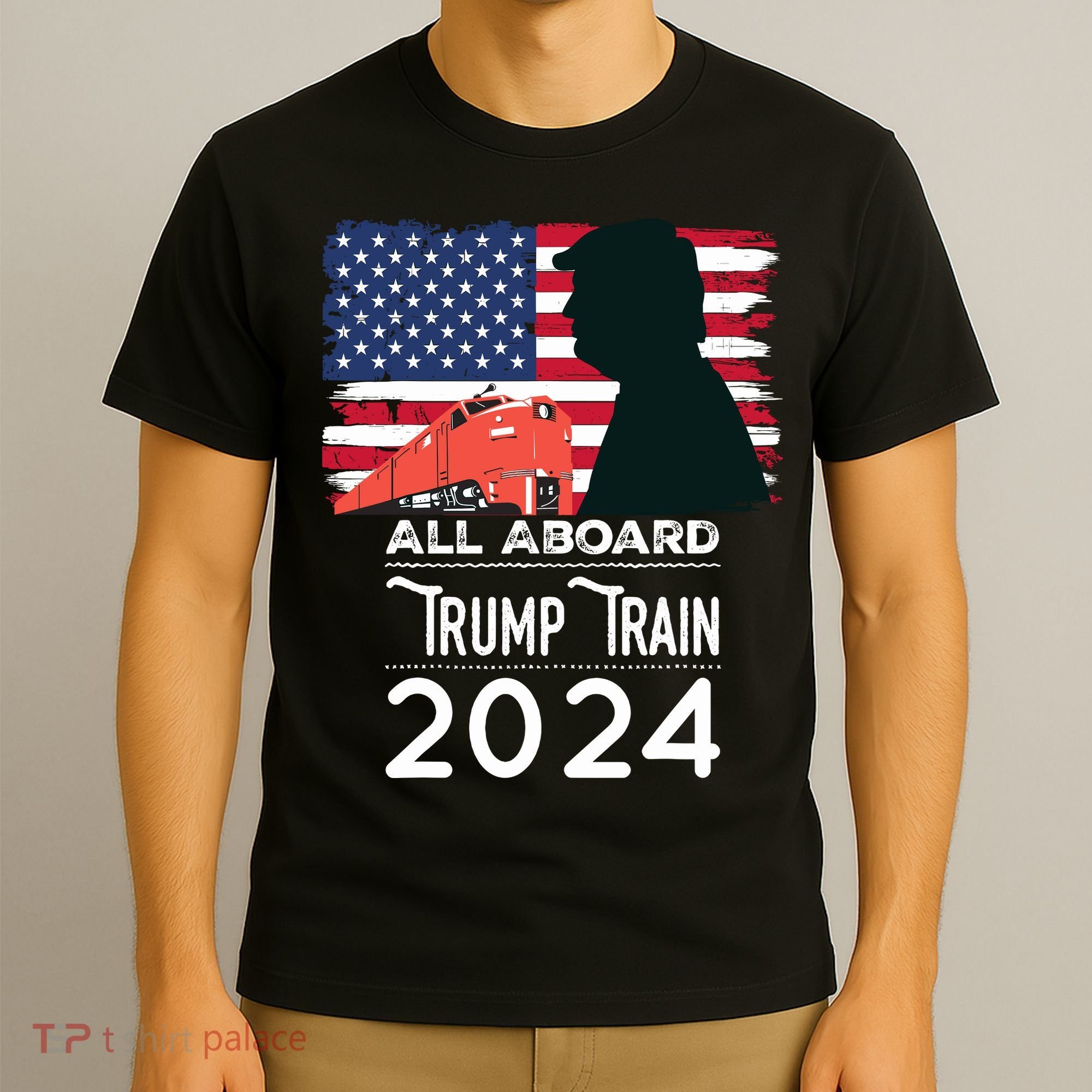 All Aboard Trump Train 2024 Vintage American Flag T-Shirt