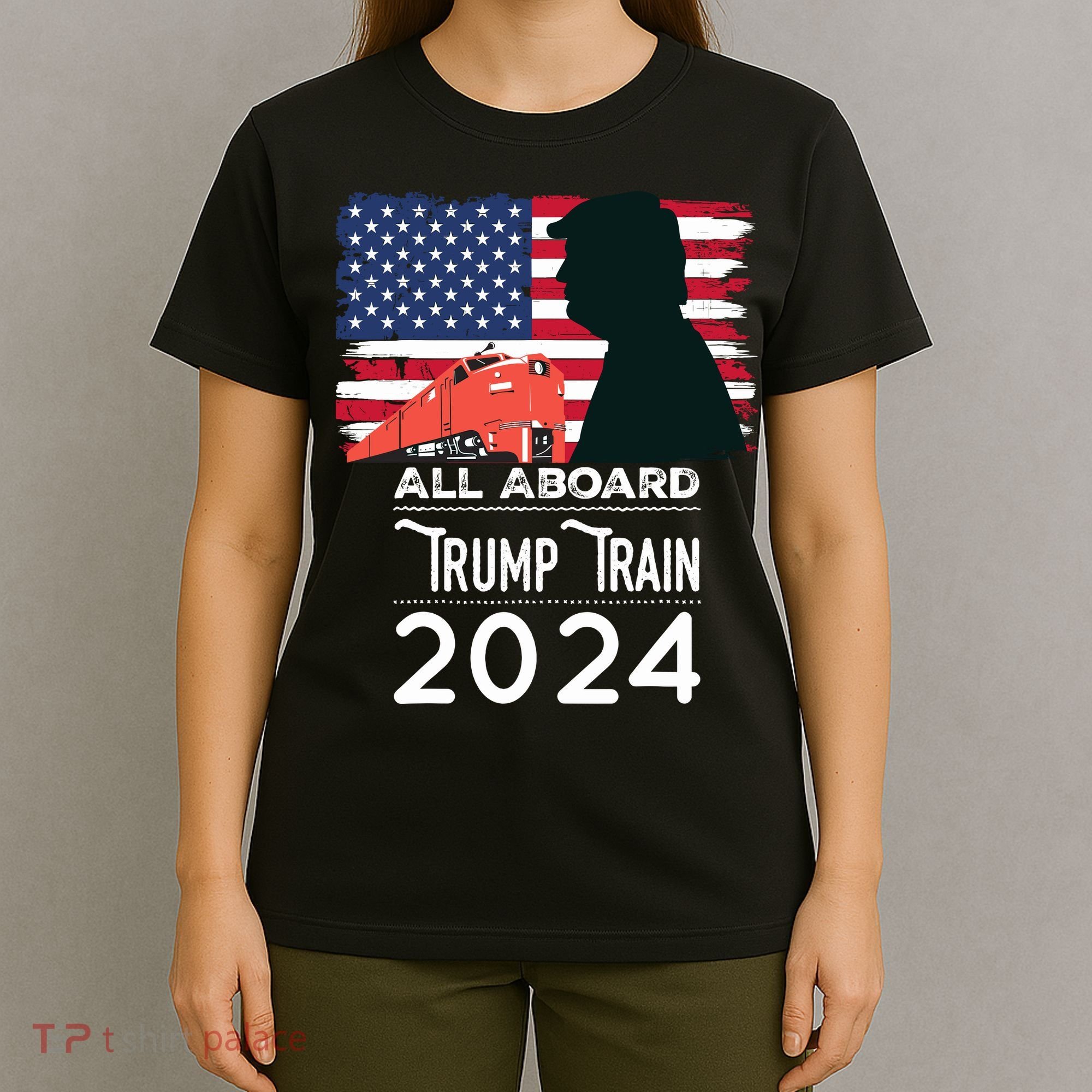 All Aboard Trump Train 2024 Vintage American Flag T-Shirt