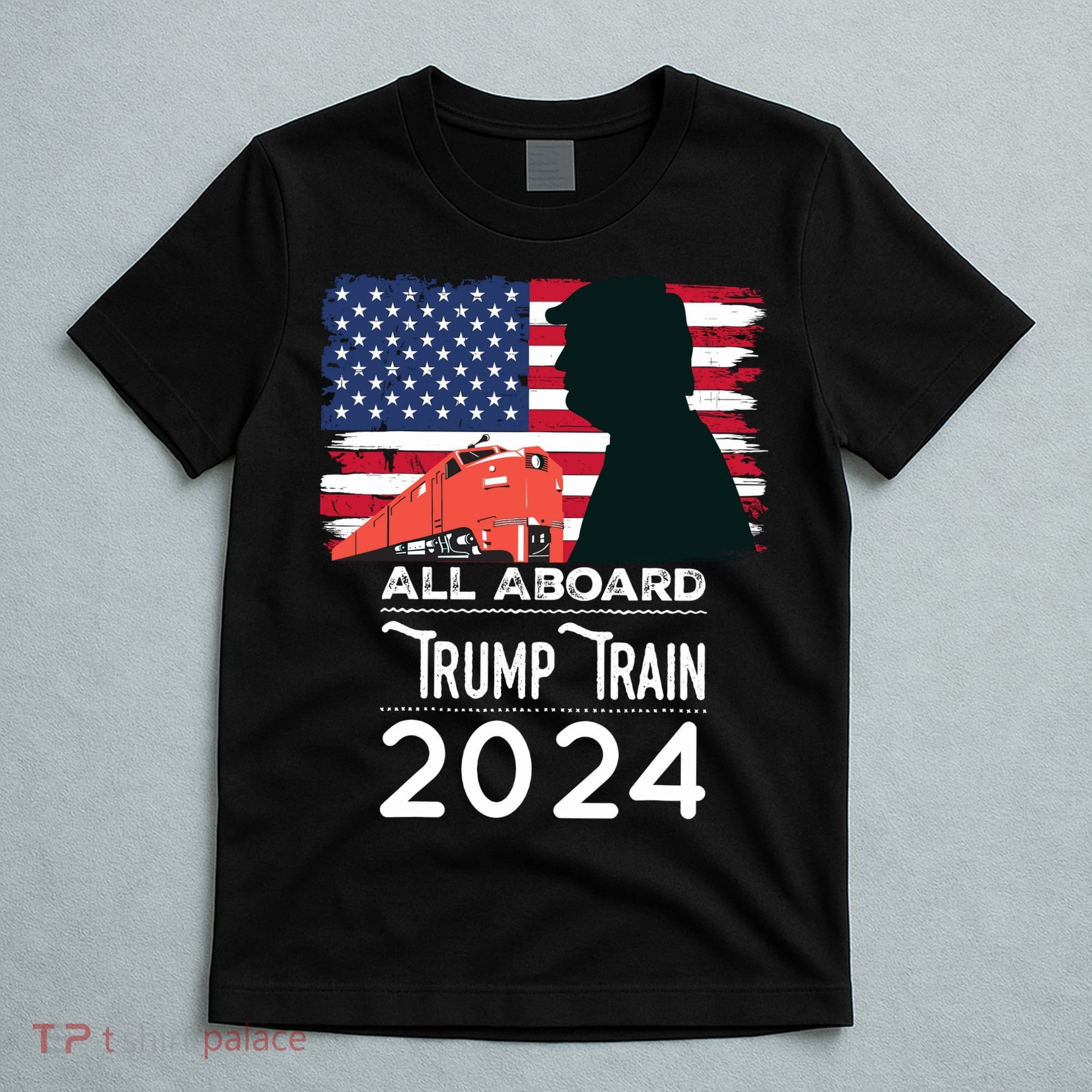 All Aboard Trump Train 2024 Vintage American Flag T-Shirt