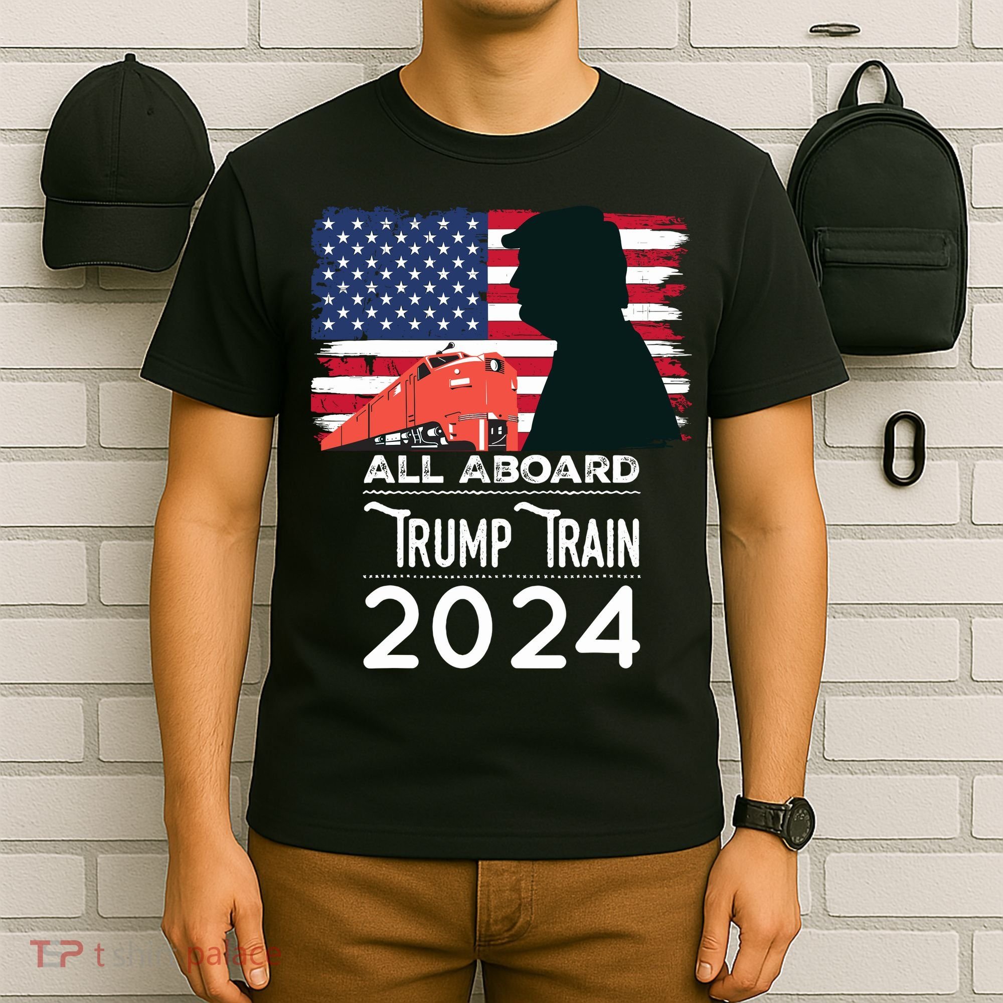 All Aboard Trump Train 2024 Vintage American Flag T-Shirt