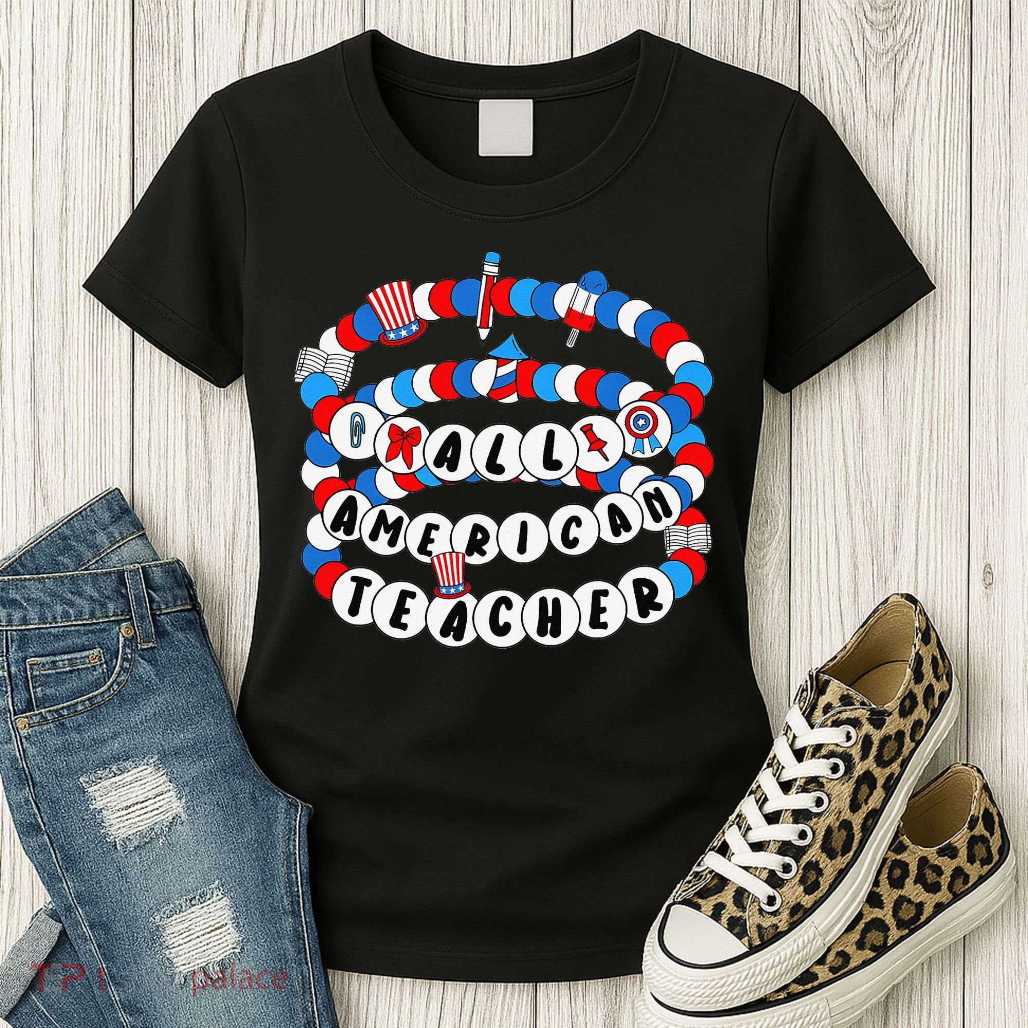 All American Teacher 4th July Bracelet Teacher Appreciation Women's T-Shirt