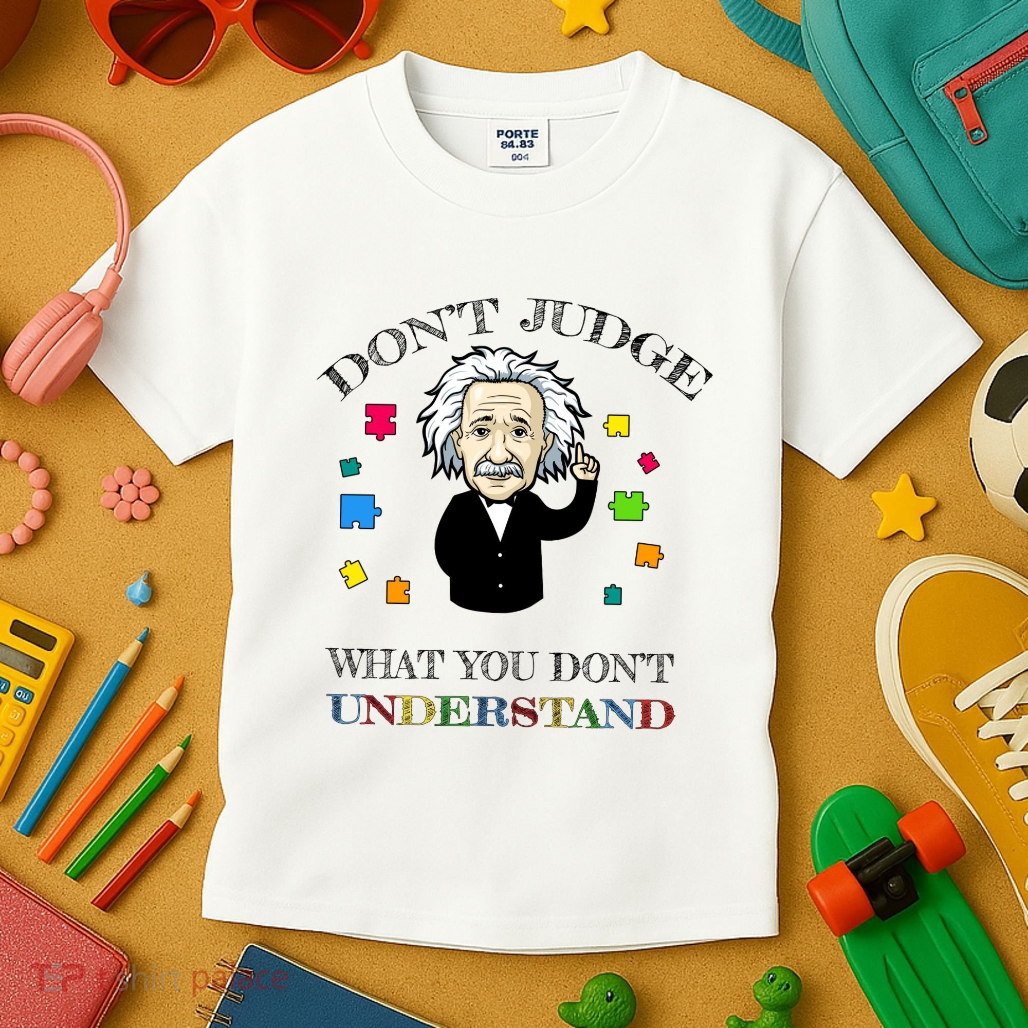 Autism Awareness Teacher Accept Don't Judge Albert Einstein Kids T-Shirt
