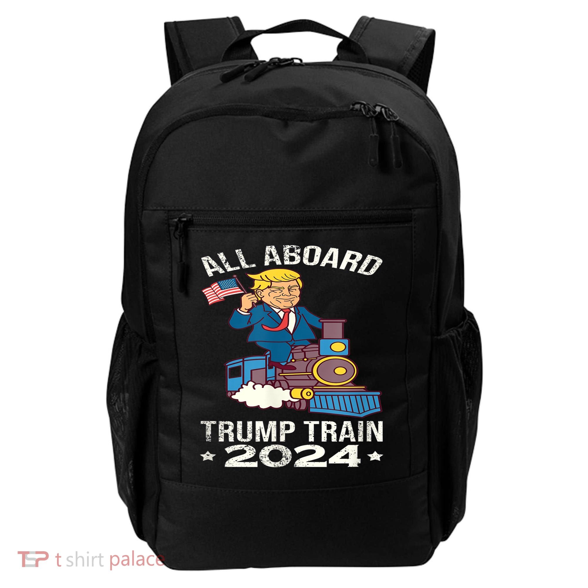 ALL ABOARD TRUMP TRAIN 2024 Patriotic American Flag Backpack