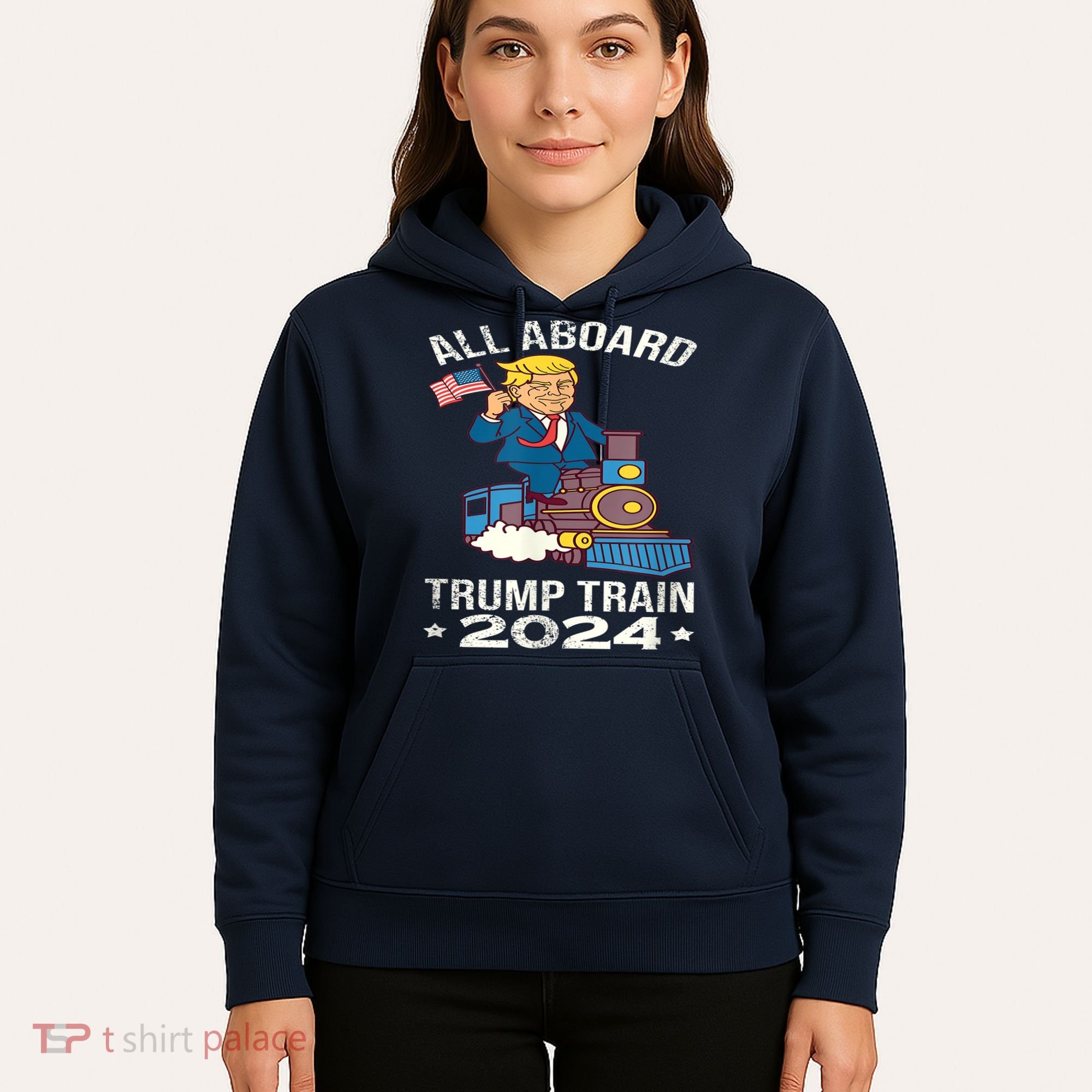 ALL ABOARD TRUMP TRAIN 2024 Patriotic American Flag Hoodie