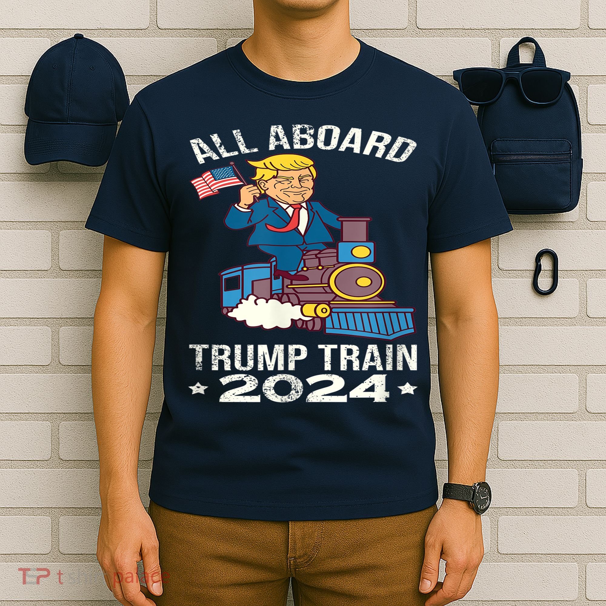 ALL ABOARD TRUMP TRAIN 2024 Patriotic American Flag T-Shirt