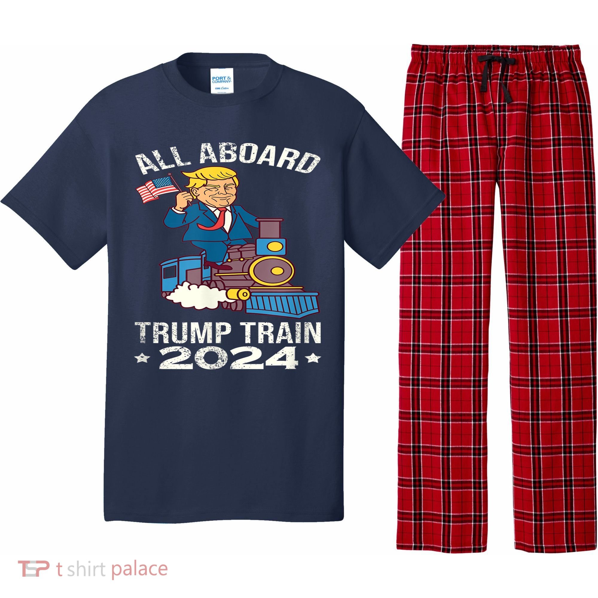 ALL ABOARD TRUMP TRAIN 2024 Patriotic American Flag Pajama Set