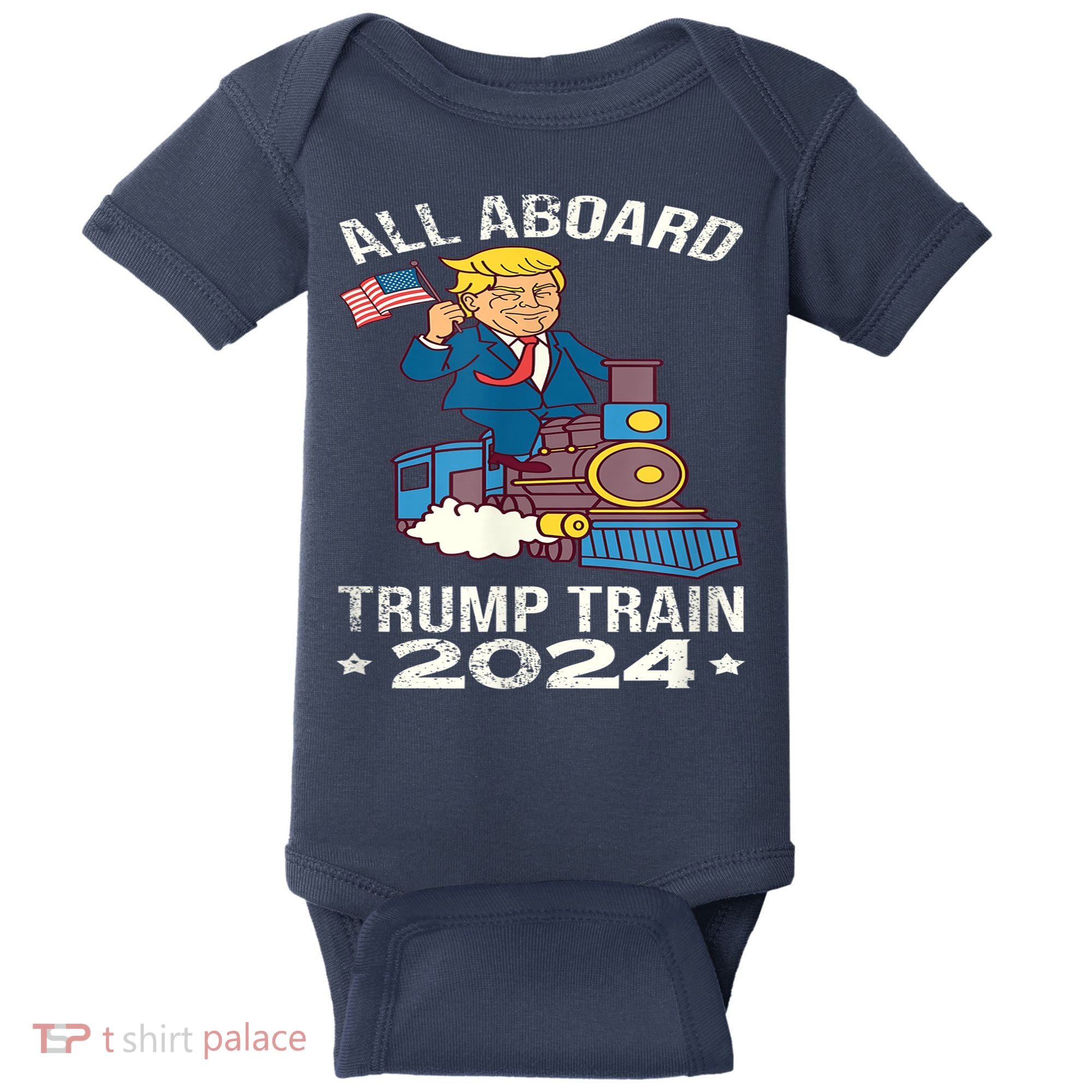 ALL ABOARD TRUMP TRAIN 2024 Patriotic American Flag Baby Bodysuit