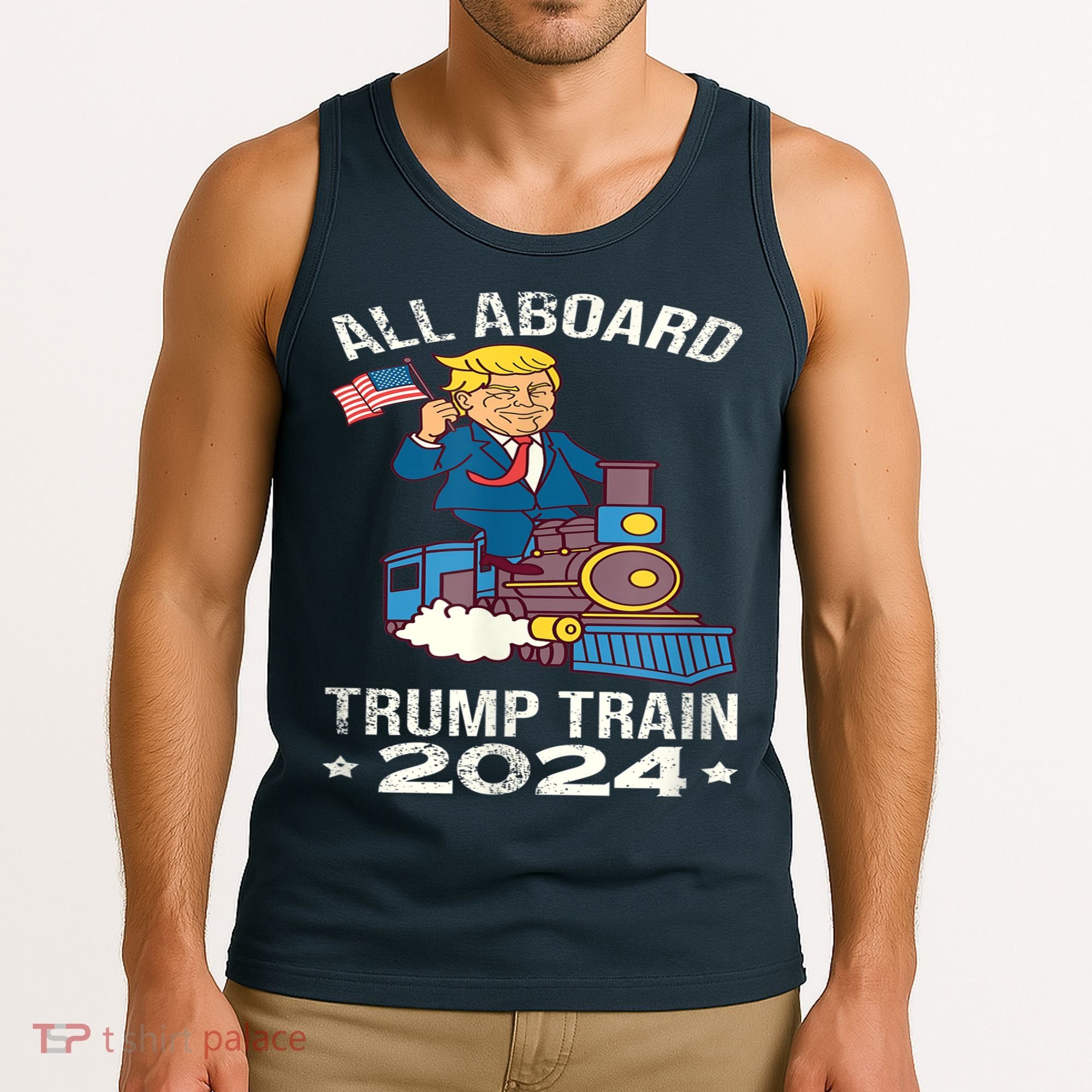 ALL ABOARD TRUMP TRAIN 2024 Patriotic American Flag Tank Top