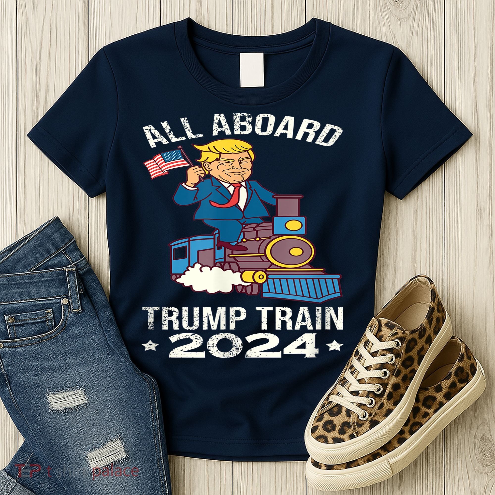ALL ABOARD TRUMP TRAIN 2024 Patriotic American Flag Women's T-Shirt