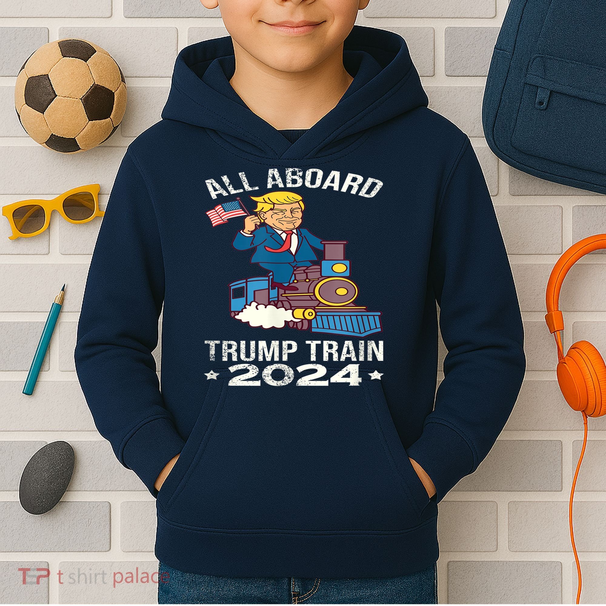 ALL ABOARD TRUMP TRAIN 2024 Patriotic American Flag Kids Hoodie