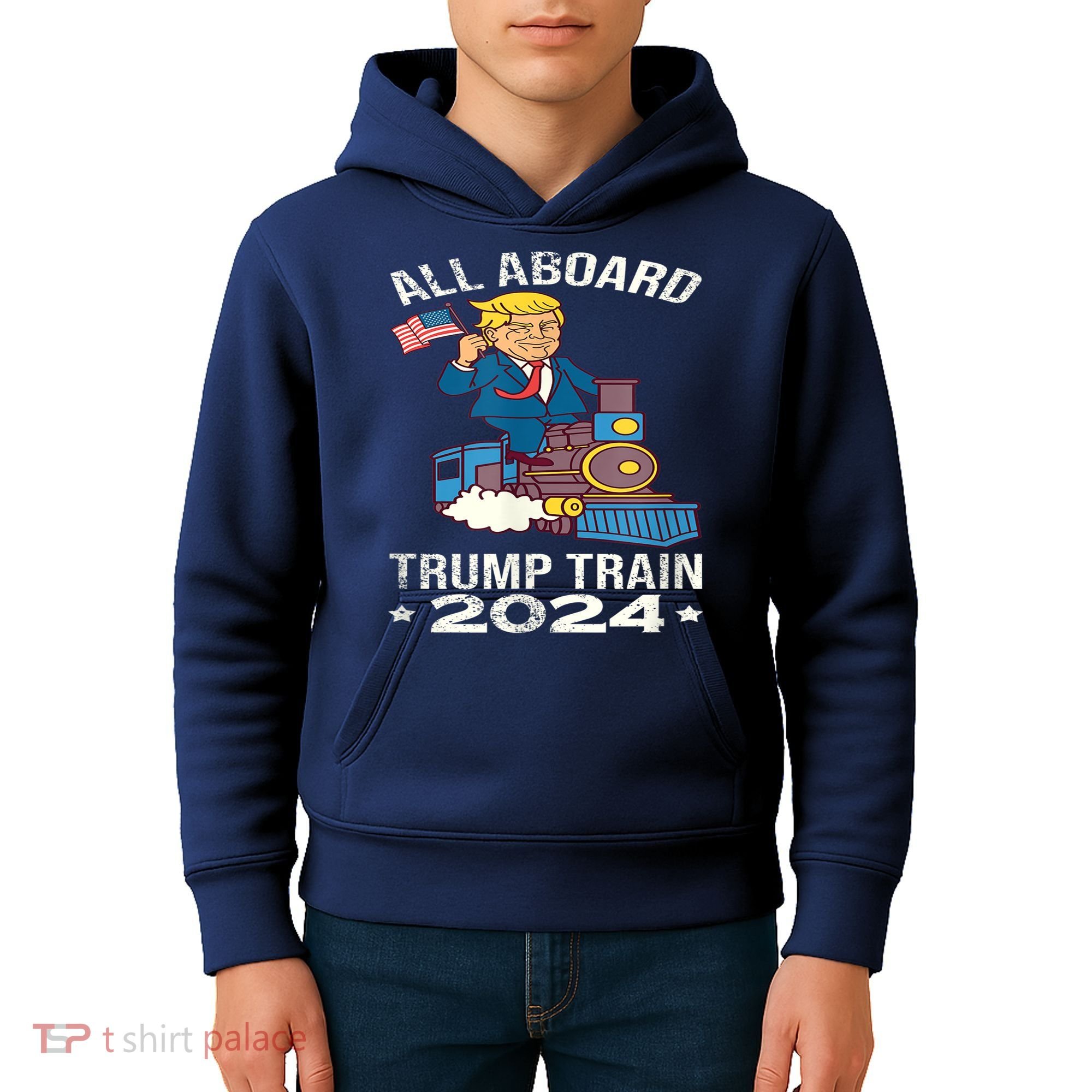 ALL ABOARD TRUMP TRAIN 2024 Patriotic American Flag Kids Hoodie