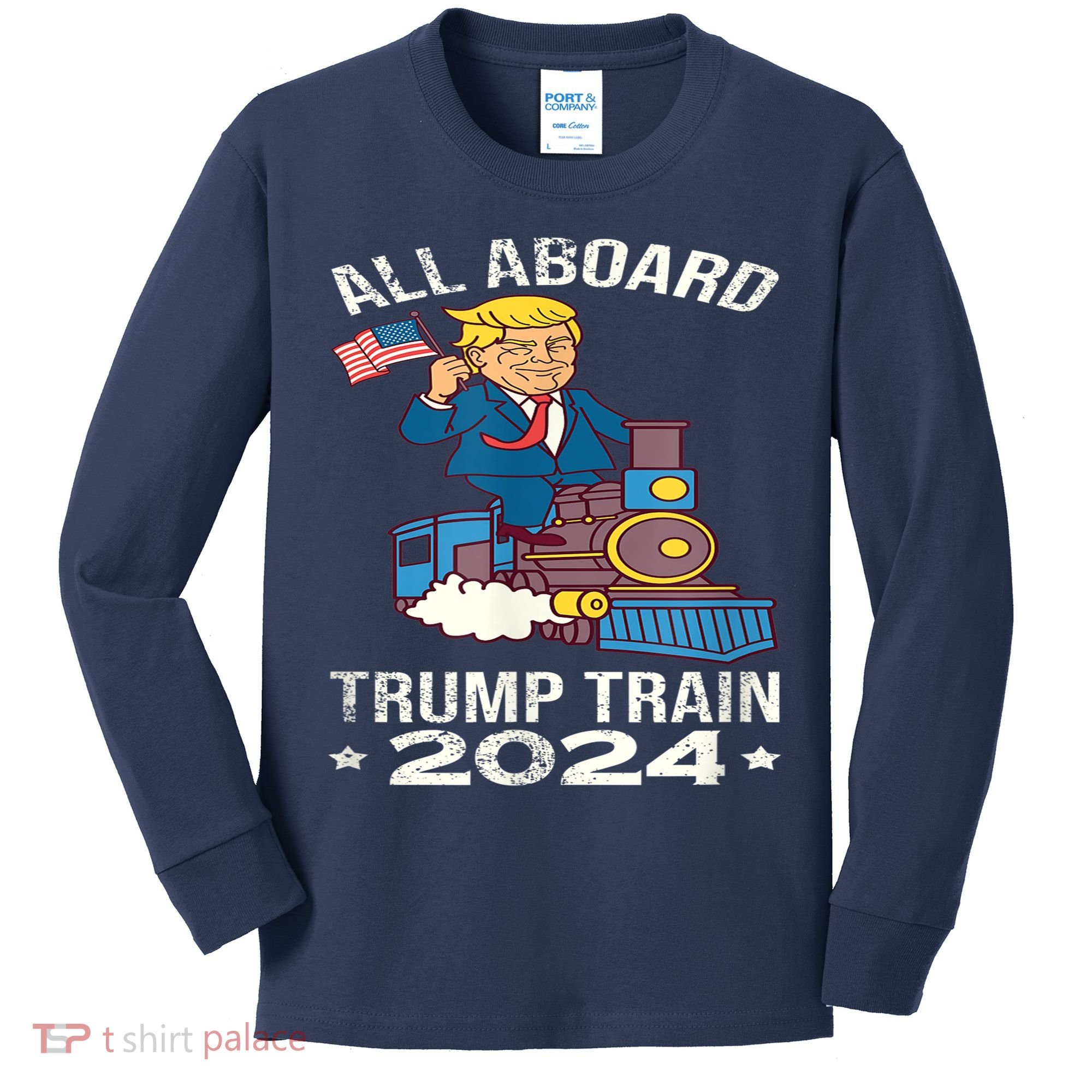 ALL ABOARD TRUMP TRAIN 2024 Patriotic American Flag Kids Long Sleeve Shirt