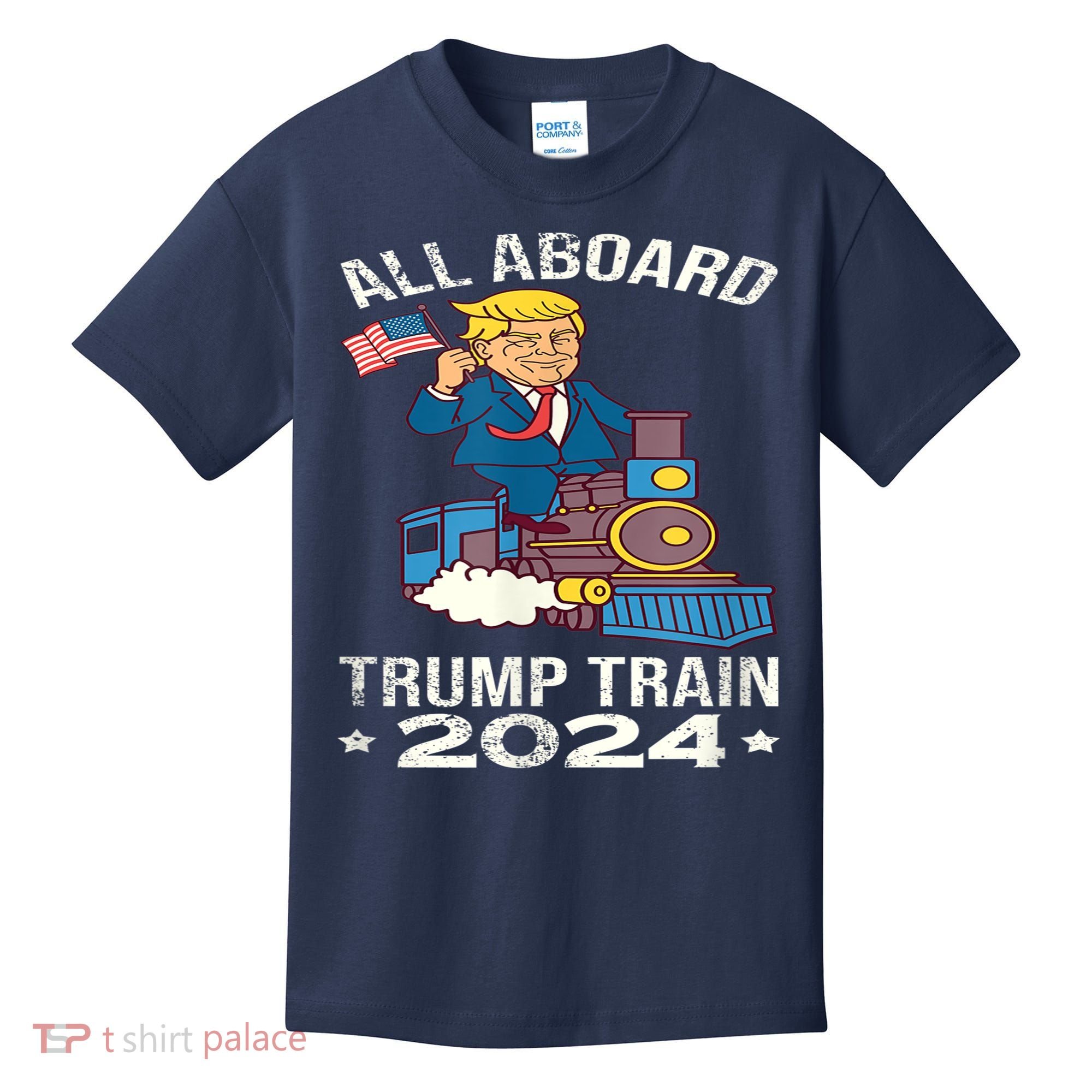 ALL ABOARD TRUMP TRAIN 2024 Patriotic American Flag Kids T-Shirt
