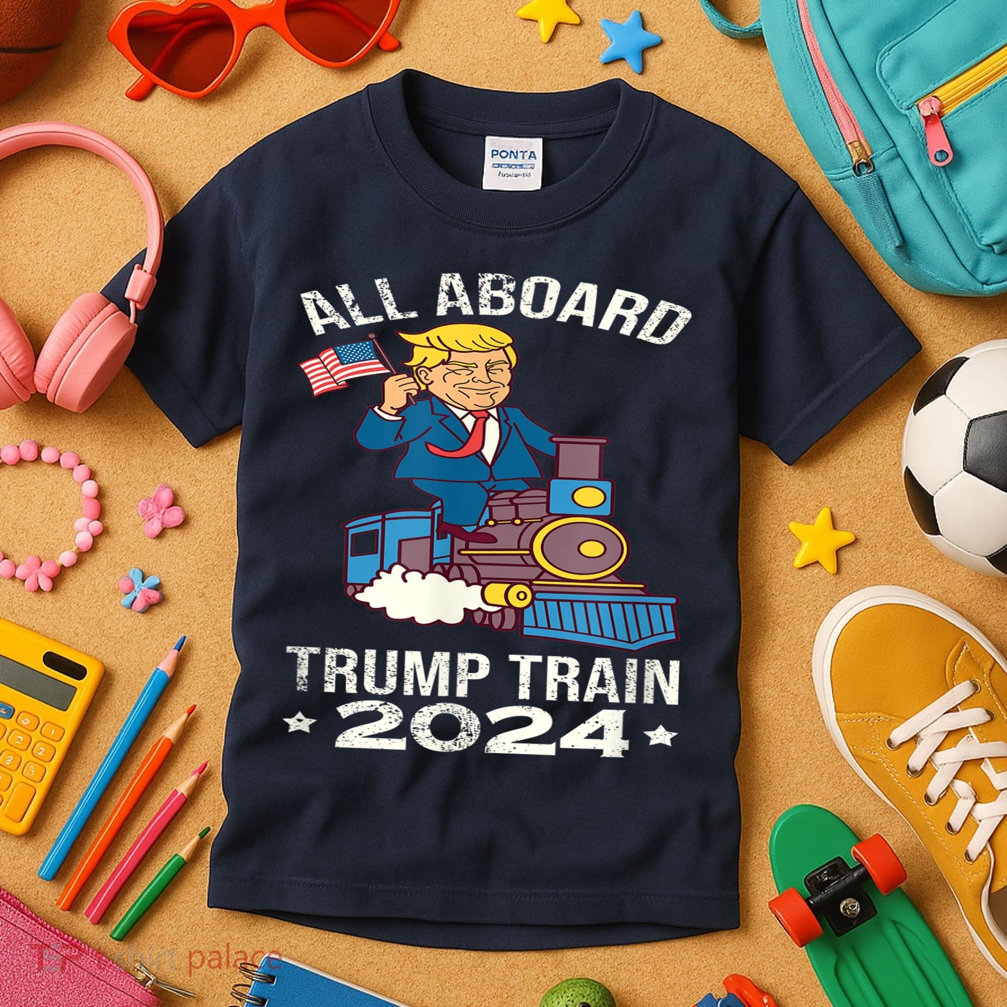 ALL ABOARD TRUMP TRAIN 2024 Patriotic American Flag Kids T-Shirt