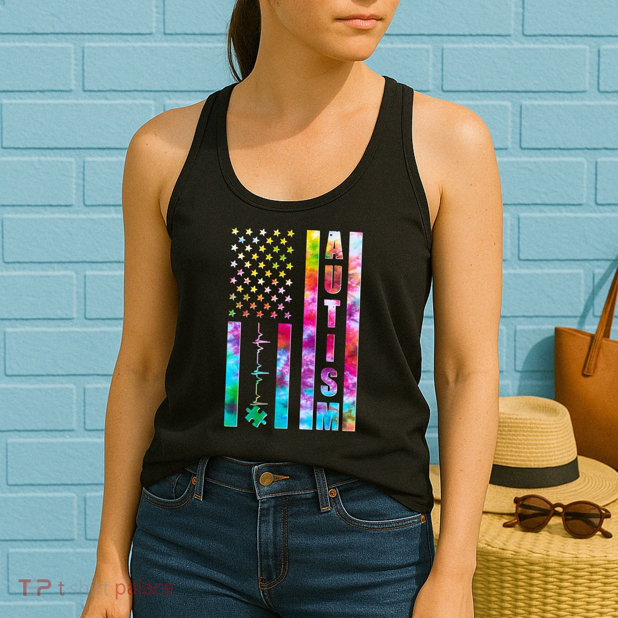 Autism Awareness Tie Dye USA American Flag Women's Tank Top