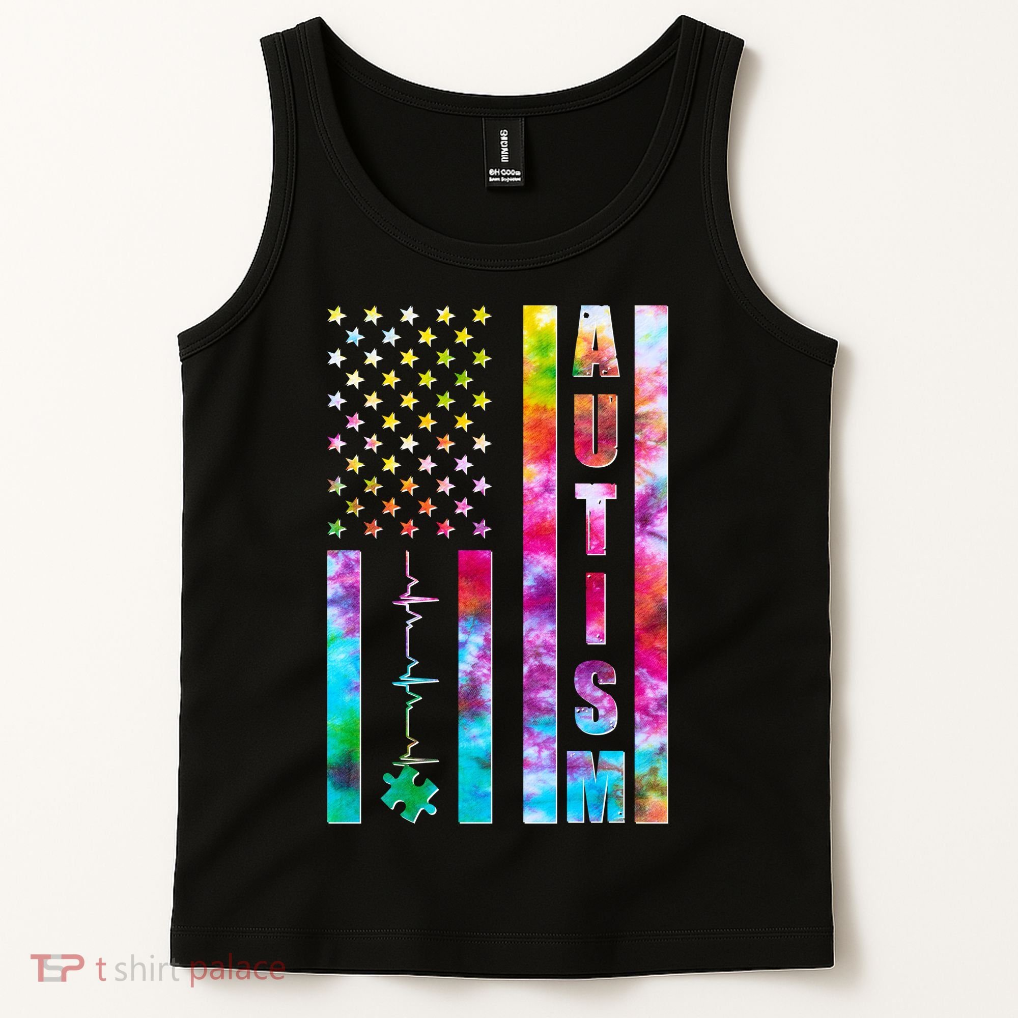 Autism Awareness Tie Dye USA American Flag Tank Top
