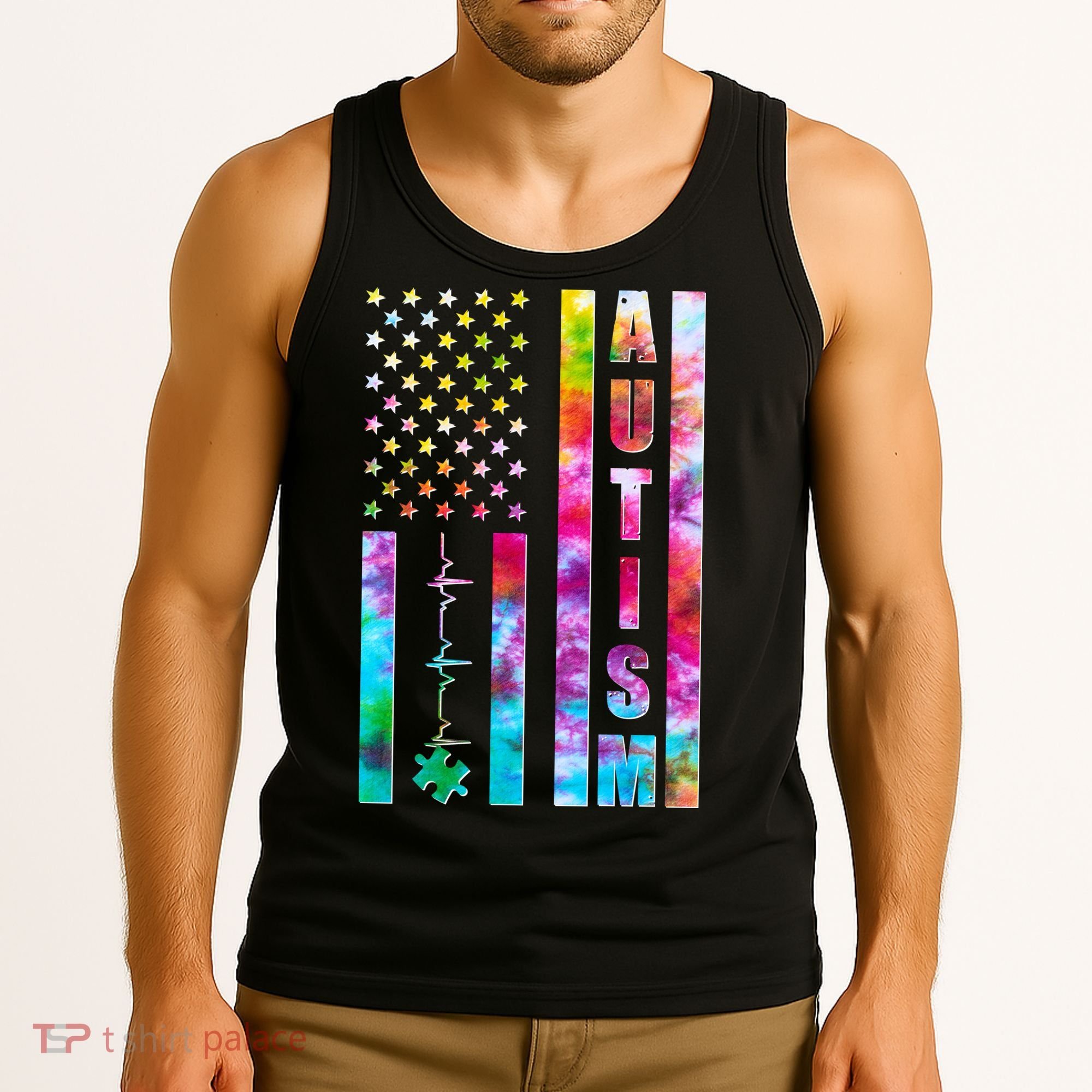 Autism Awareness Tie Dye USA American Flag Tank Top