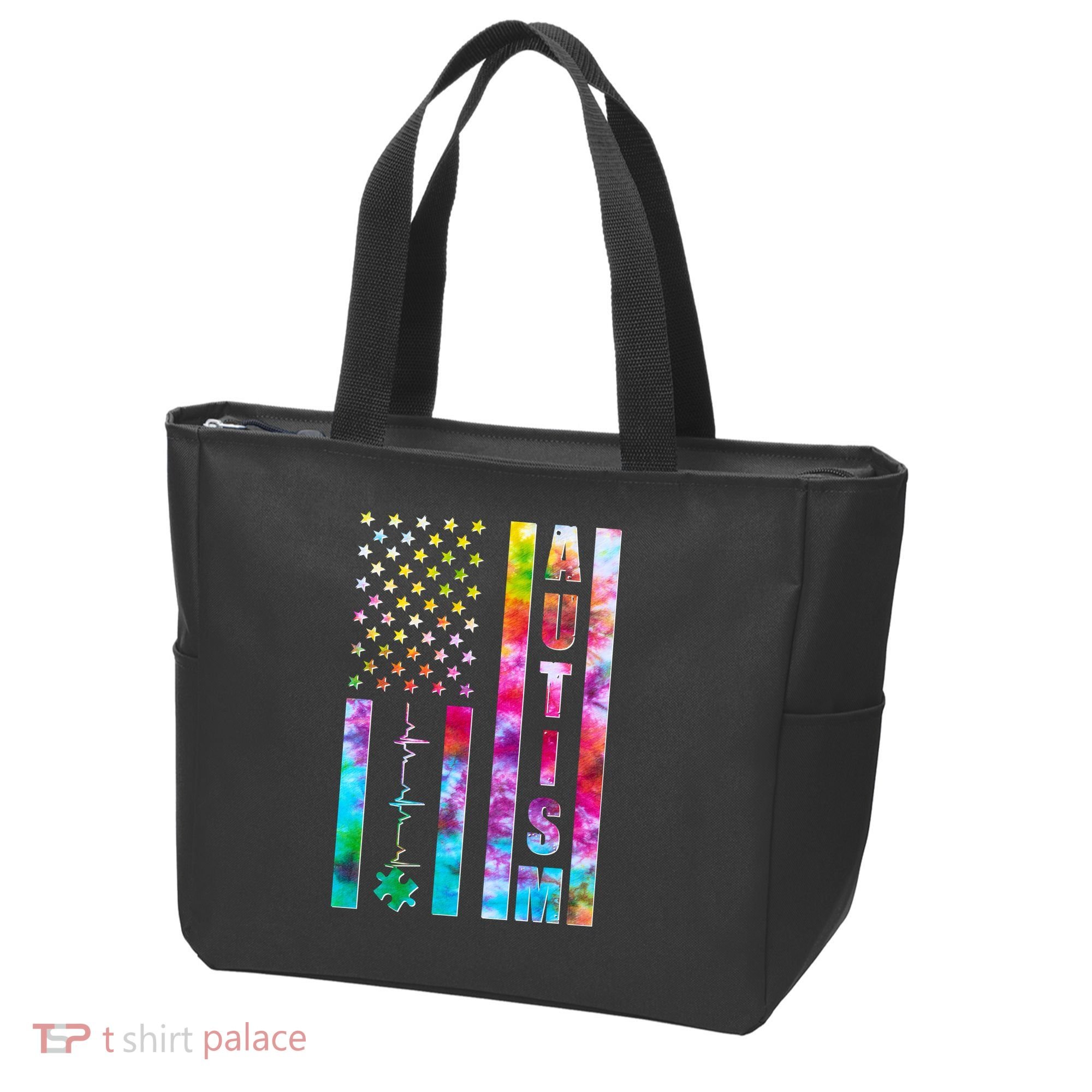 Autism Awareness Tie Dye USA American Flag Tote Bag