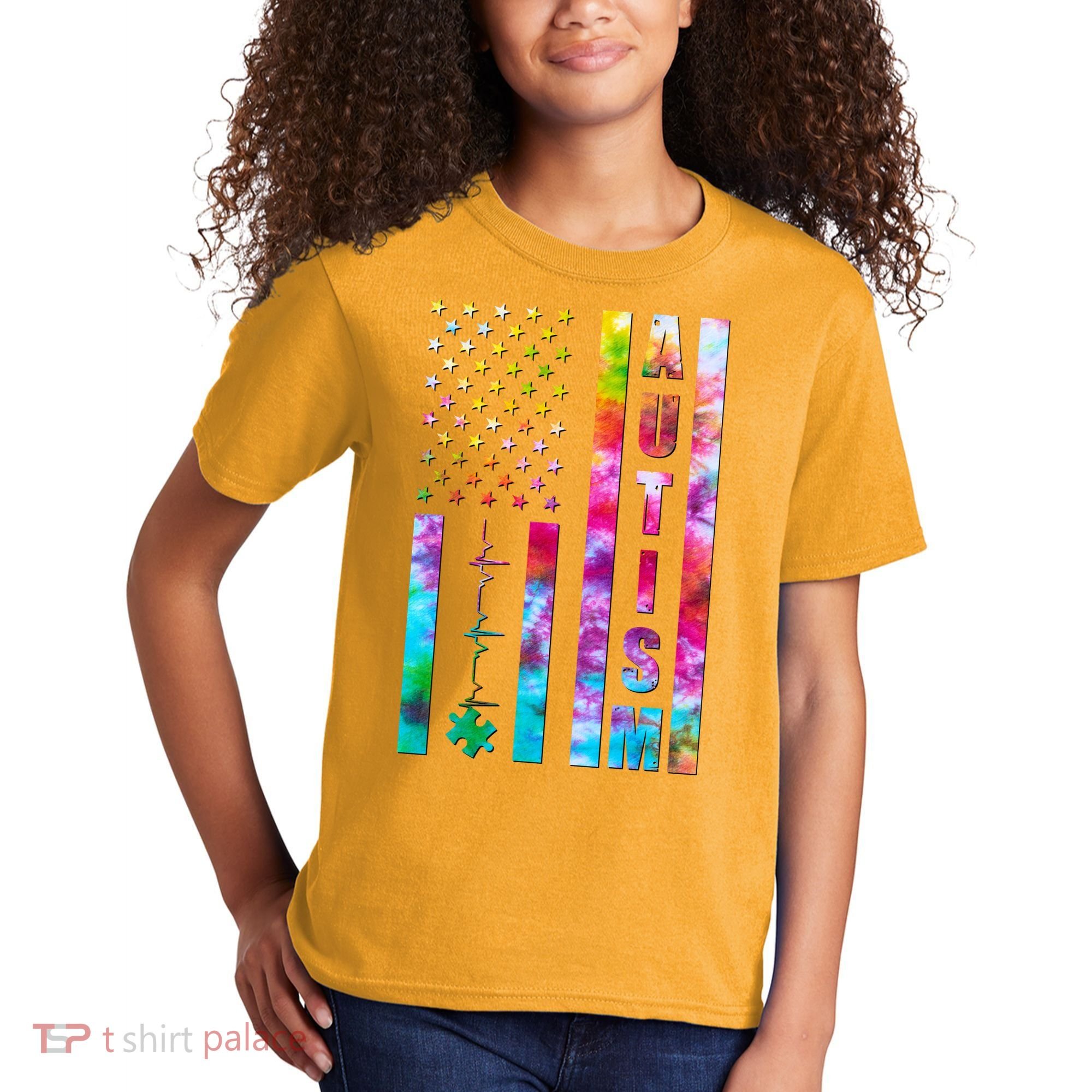 Autism Awareness Tie Dye USA American Flag Kids T-Shirt