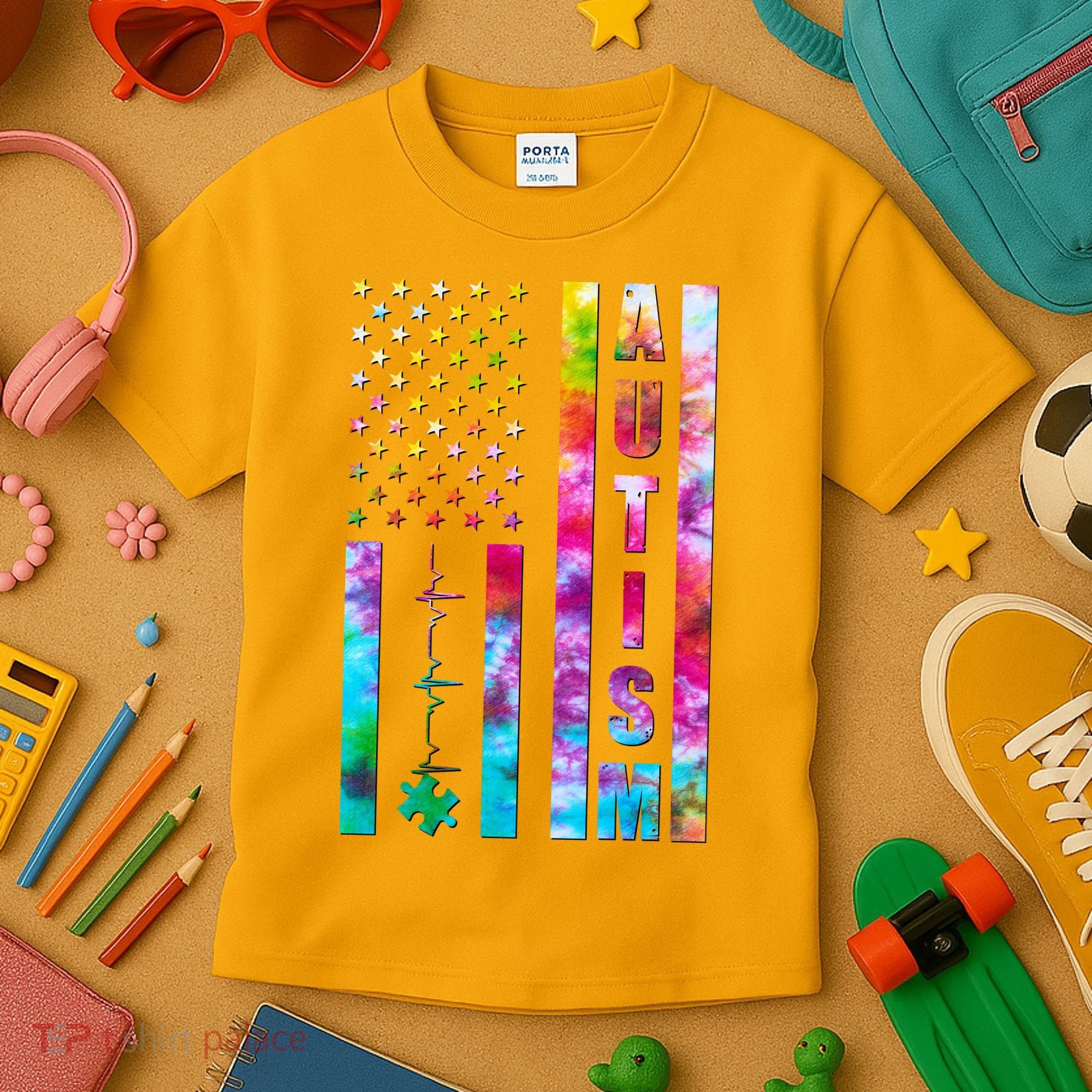 Autism Awareness Tie Dye USA American Flag Kids T-Shirt
