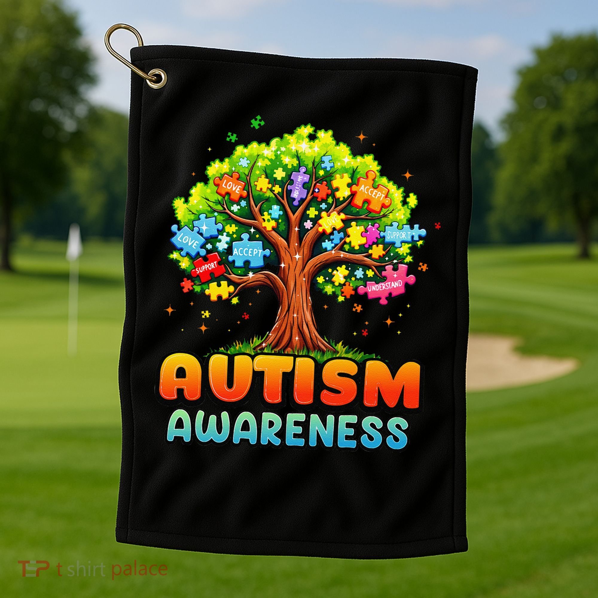 Autism Accept Understand Love Autism Awareness Tree Teacher Golf Towel