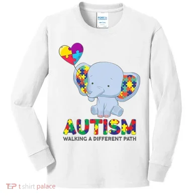 Autism Awareness Walking A Different Path Elephant Kids Long Sleeve Shirt