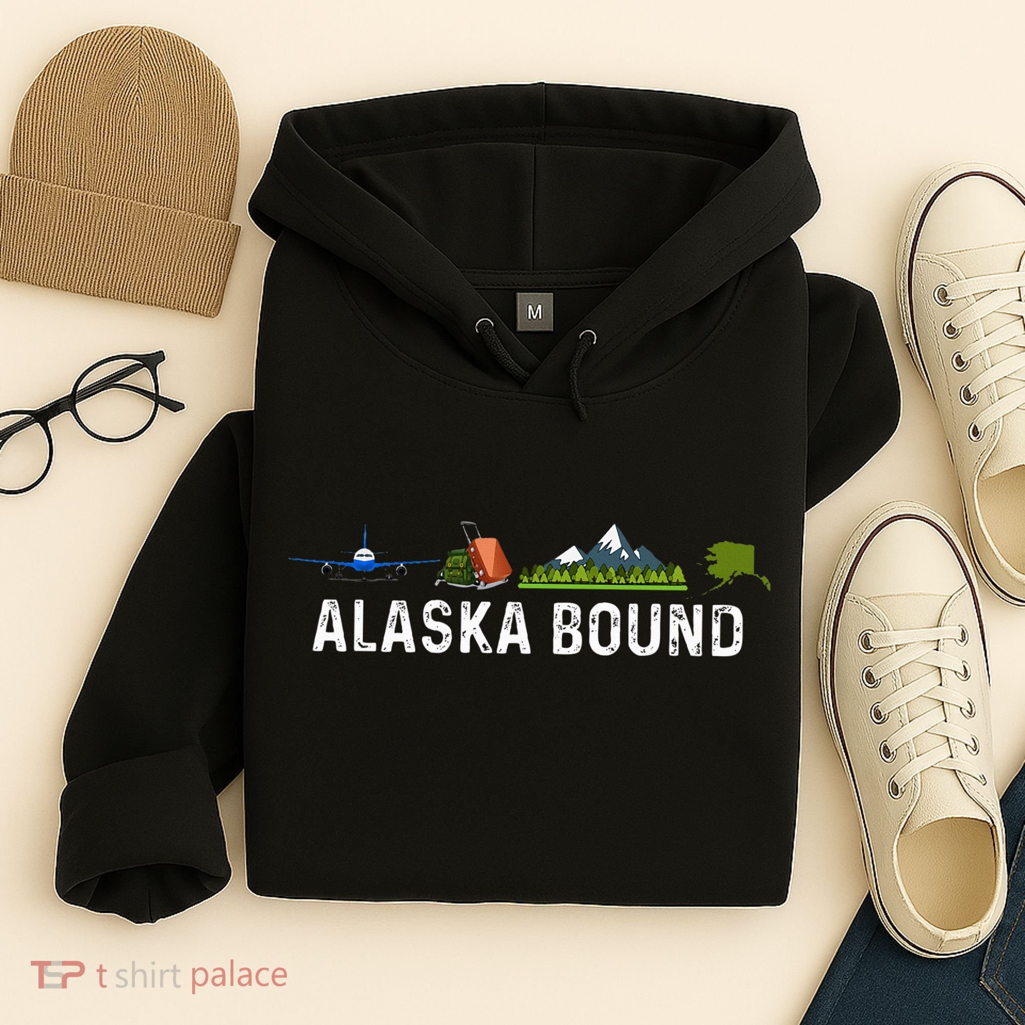 Alaska Bound Airplane Luggage And Mountains Hoodie