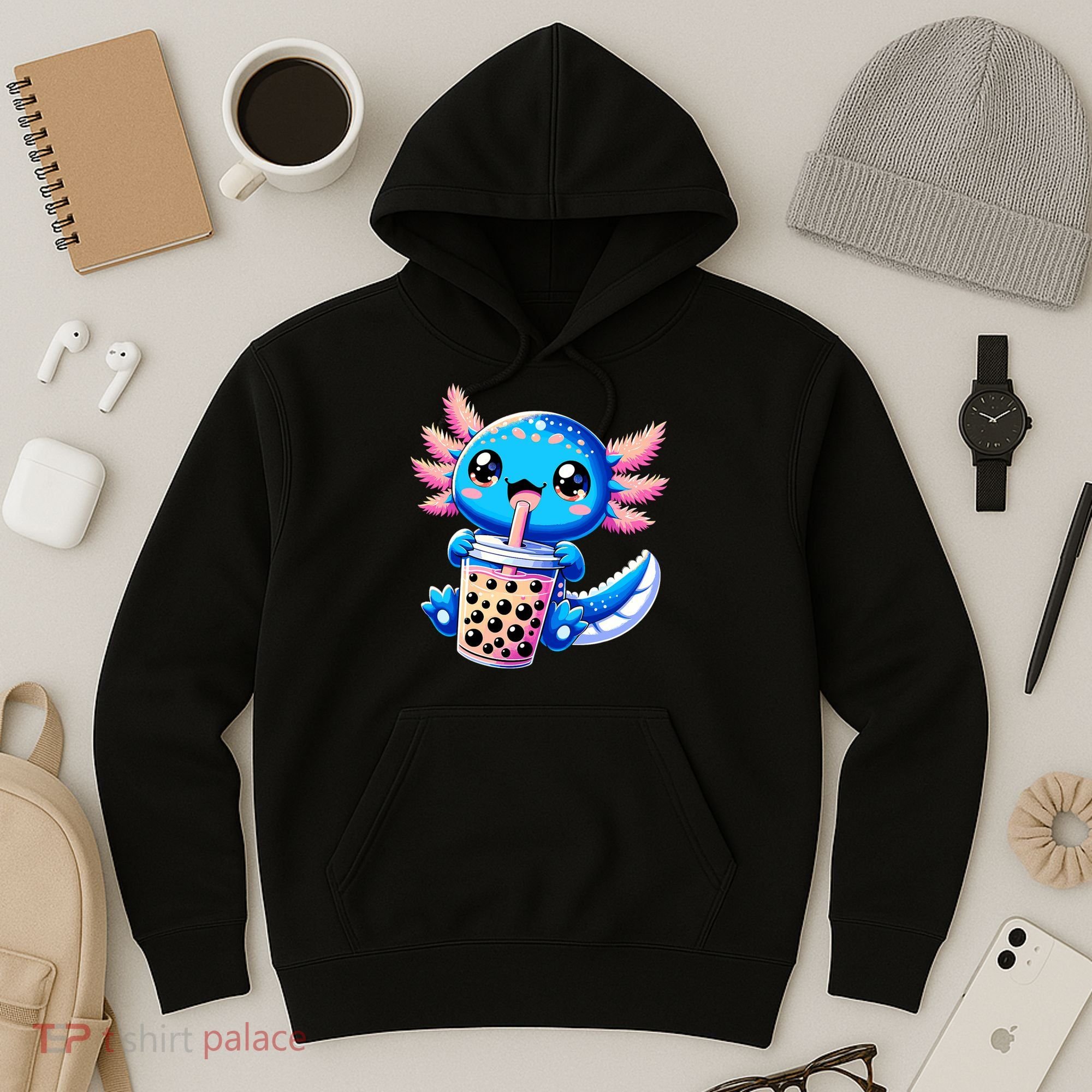 Axolotl Bubble Boba Tea Anime Cute Kawaii Blue Axolotl Hoodie