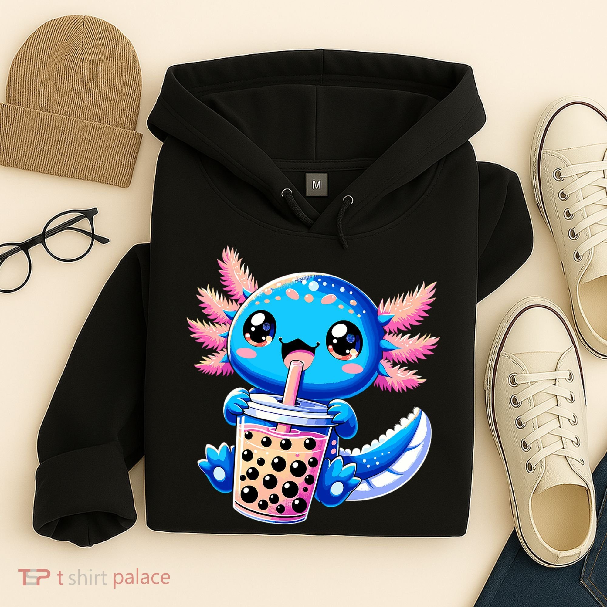Axolotl Bubble Boba Tea Anime Cute Kawaii Blue Axolotl Hoodie