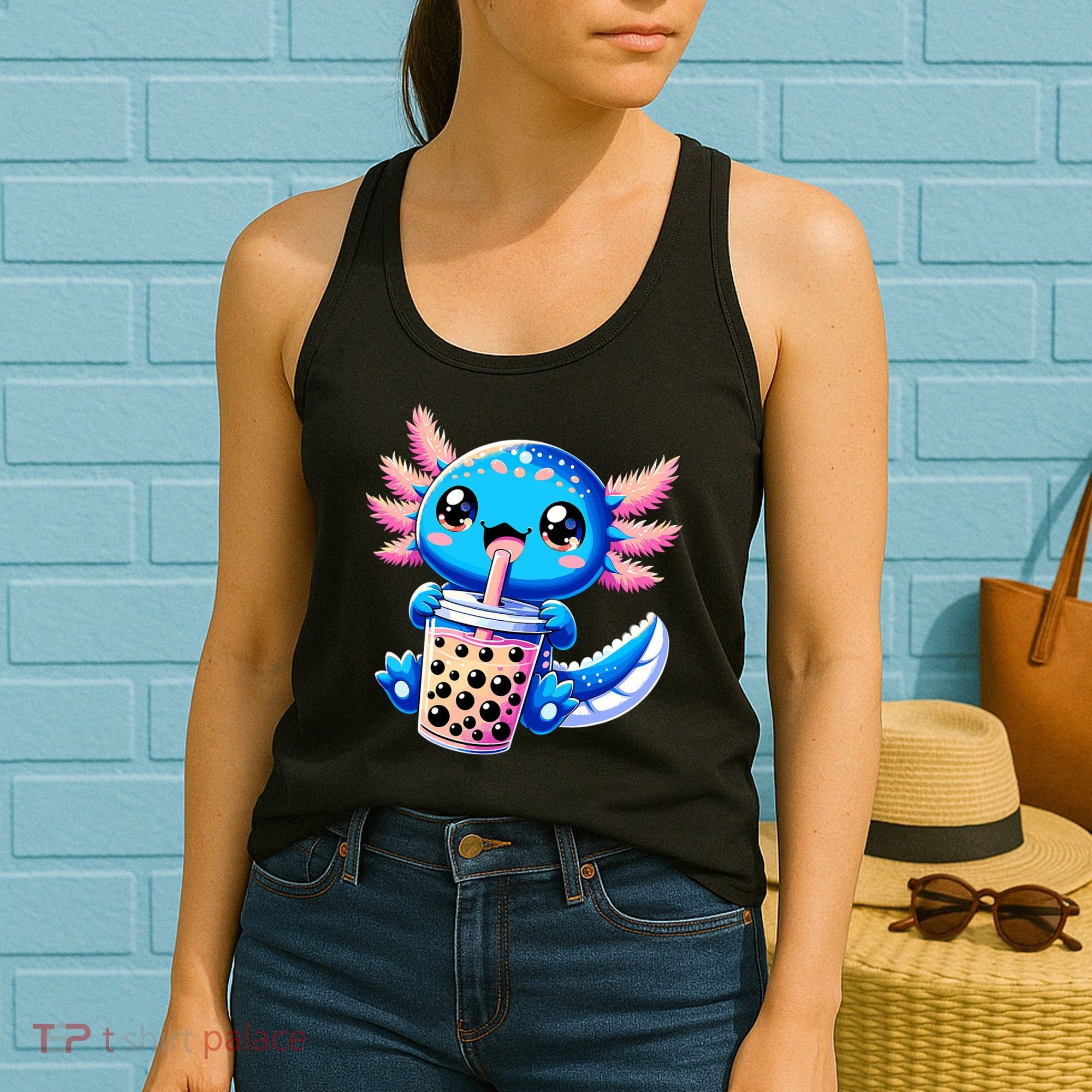 Axolotl Bubble Boba Tea Anime Cute Kawaii Blue Axolotl Women's Tank Top