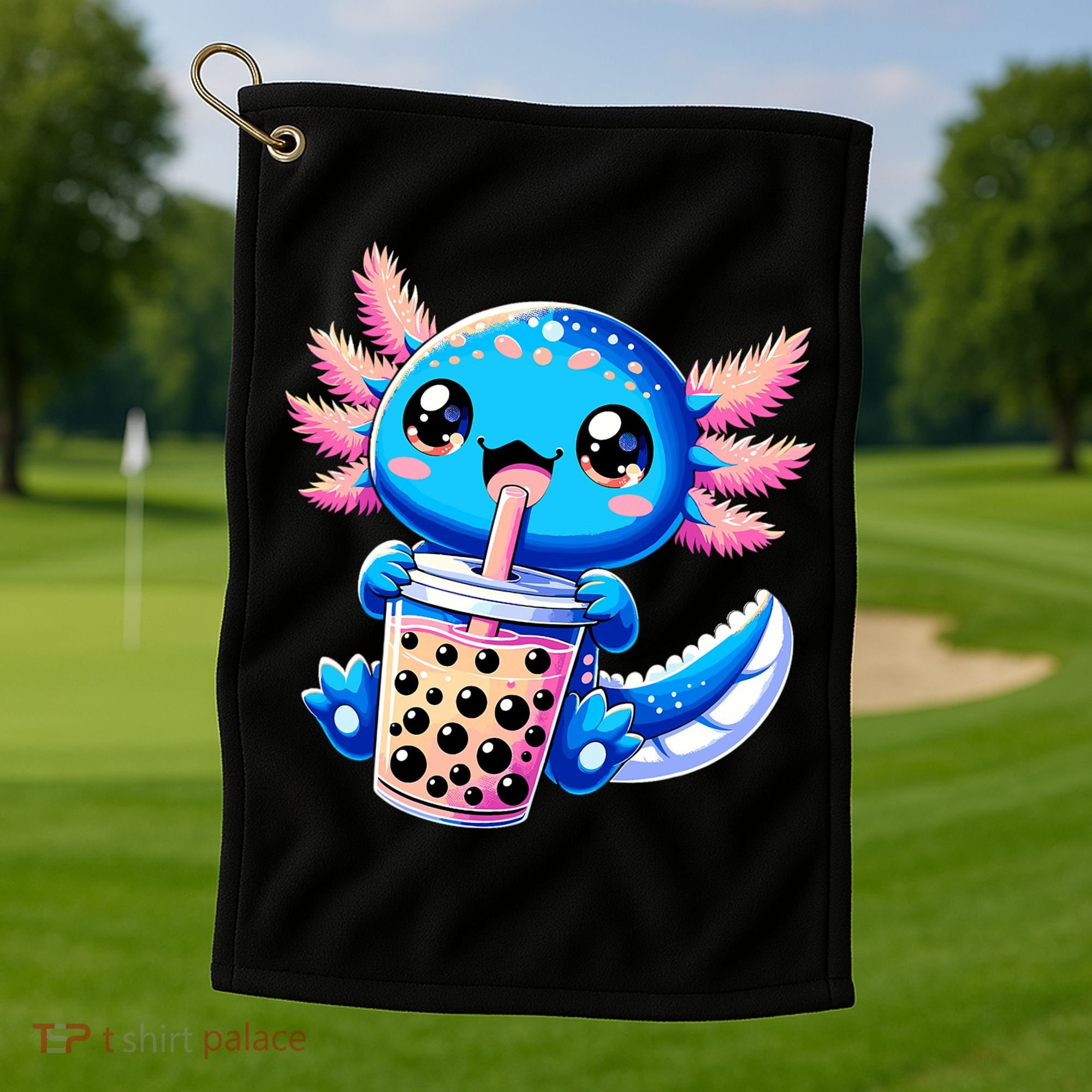 Axolotl Bubble Boba Tea Anime Cute Kawaii Blue Axolotl Golf Towel