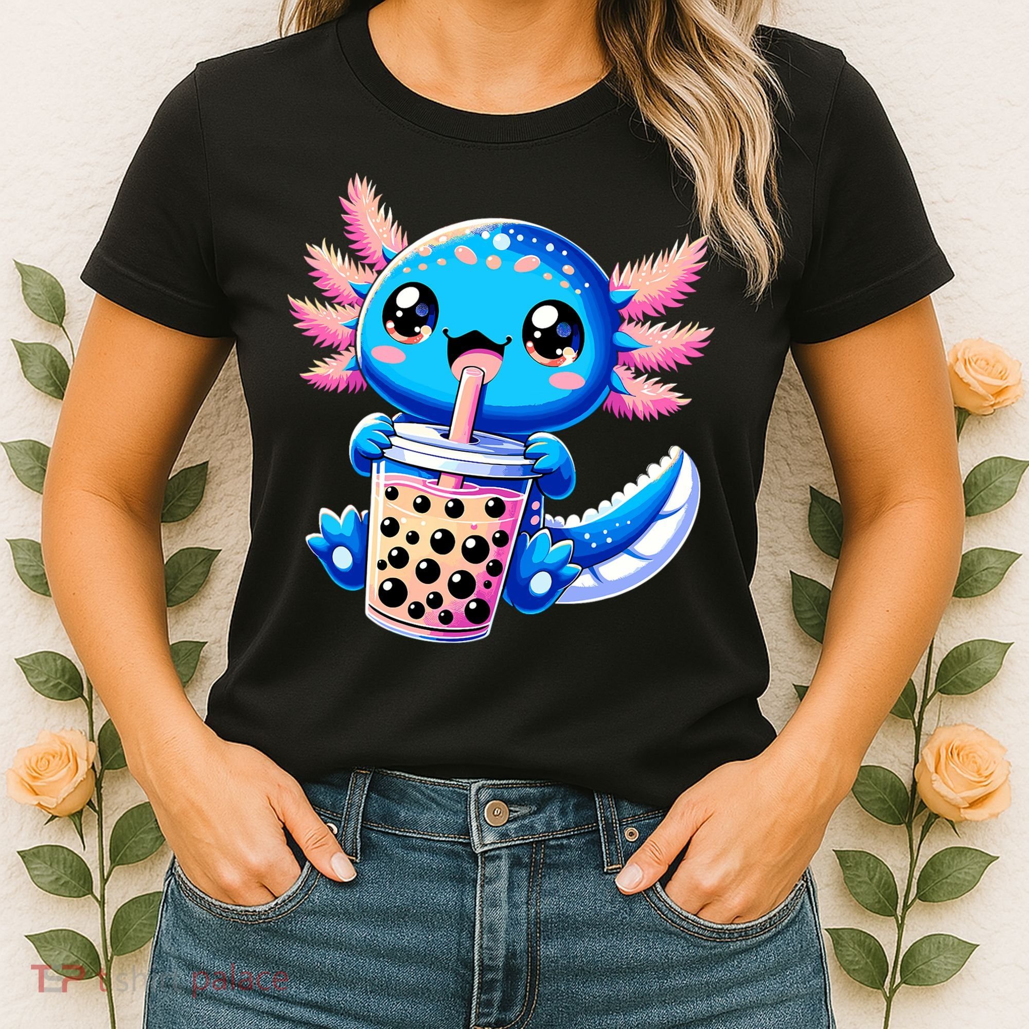 Axolotl Bubble Boba Tea Anime Cute Kawaii Blue Axolotl Women's T-Shirt