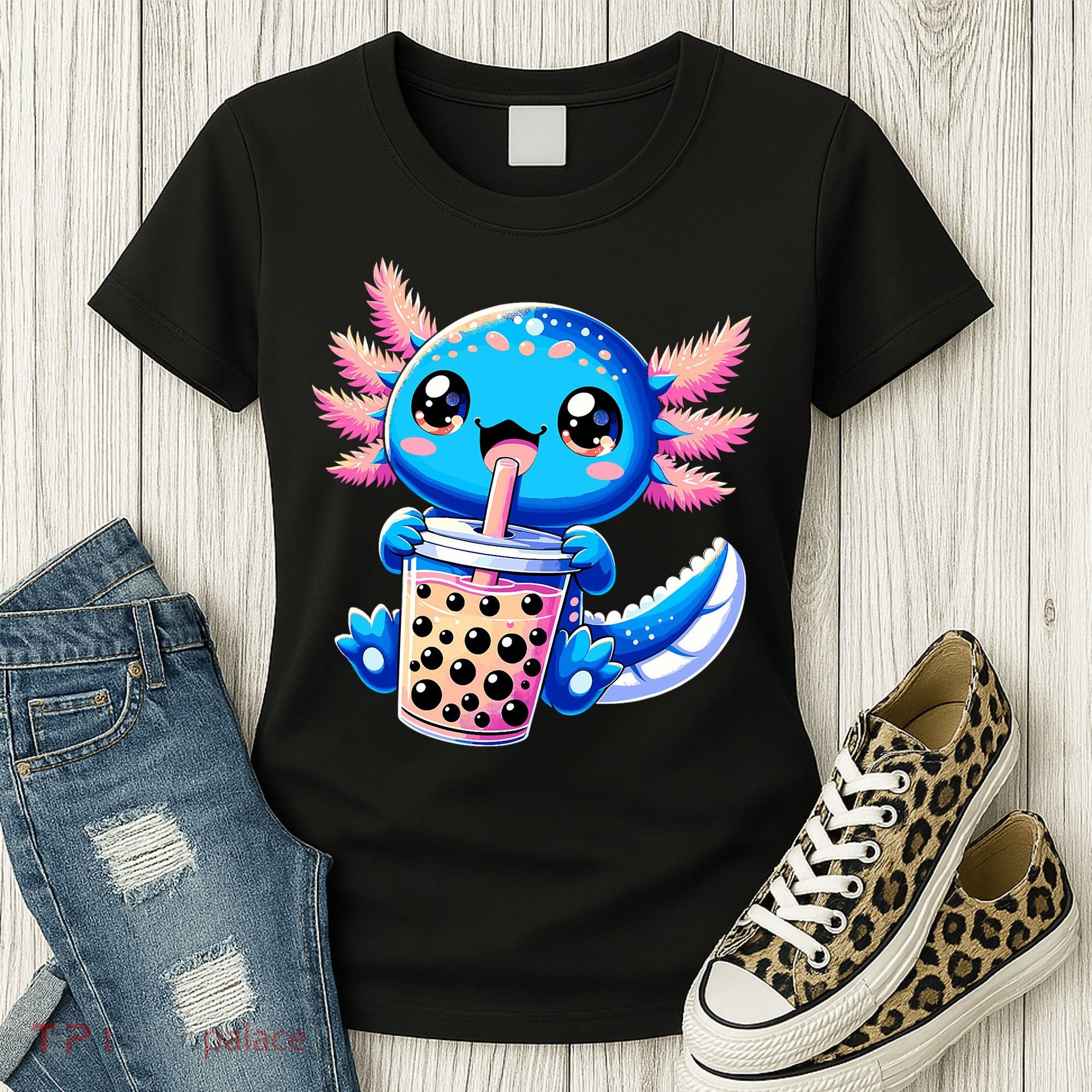 Axolotl Bubble Boba Tea Anime Cute Kawaii Blue Axolotl Women's T-Shirt