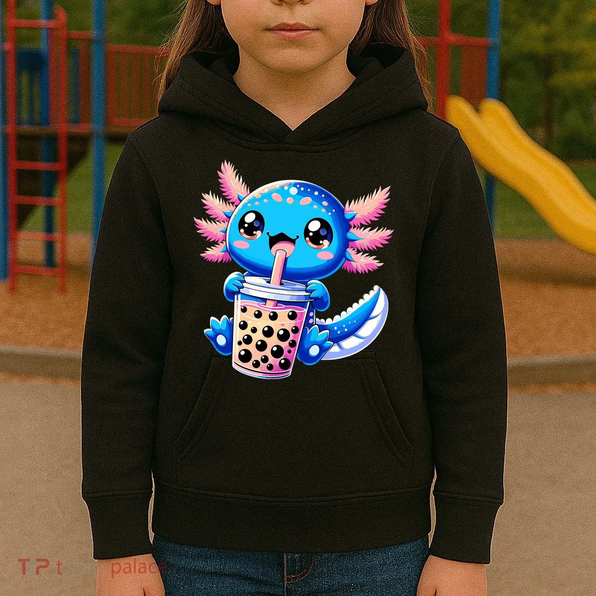 Axolotl Bubble Boba Tea Anime Cute Kawaii Blue Axolotl Kids Hoodie