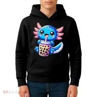 Axolotl Bubble Boba Tea Anime Cute Kawaii Blue Axolotl Kids Hoodie thumb 4