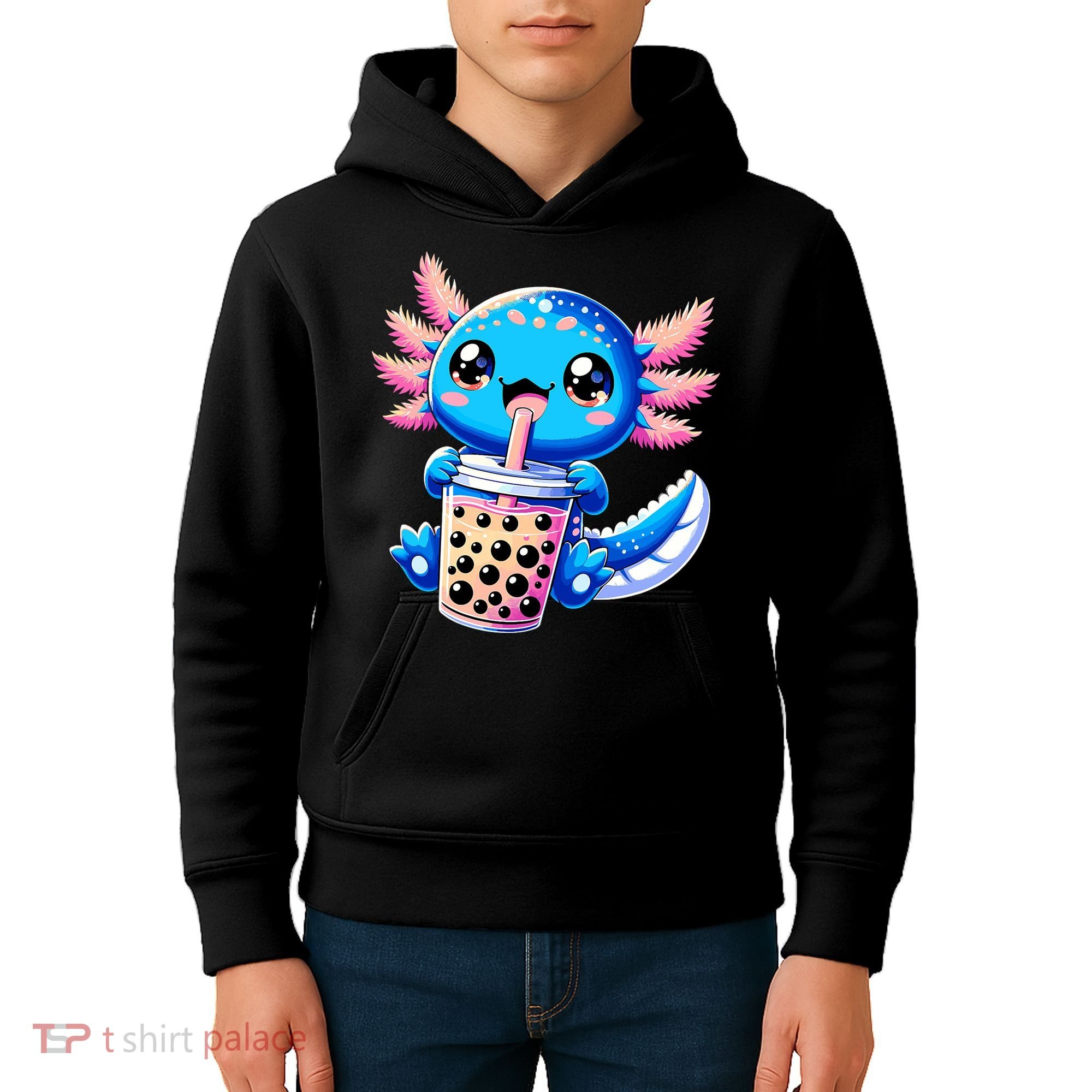 Axolotl Bubble Boba Tea Anime Cute Kawaii Blue Axolotl Kids Hoodie
