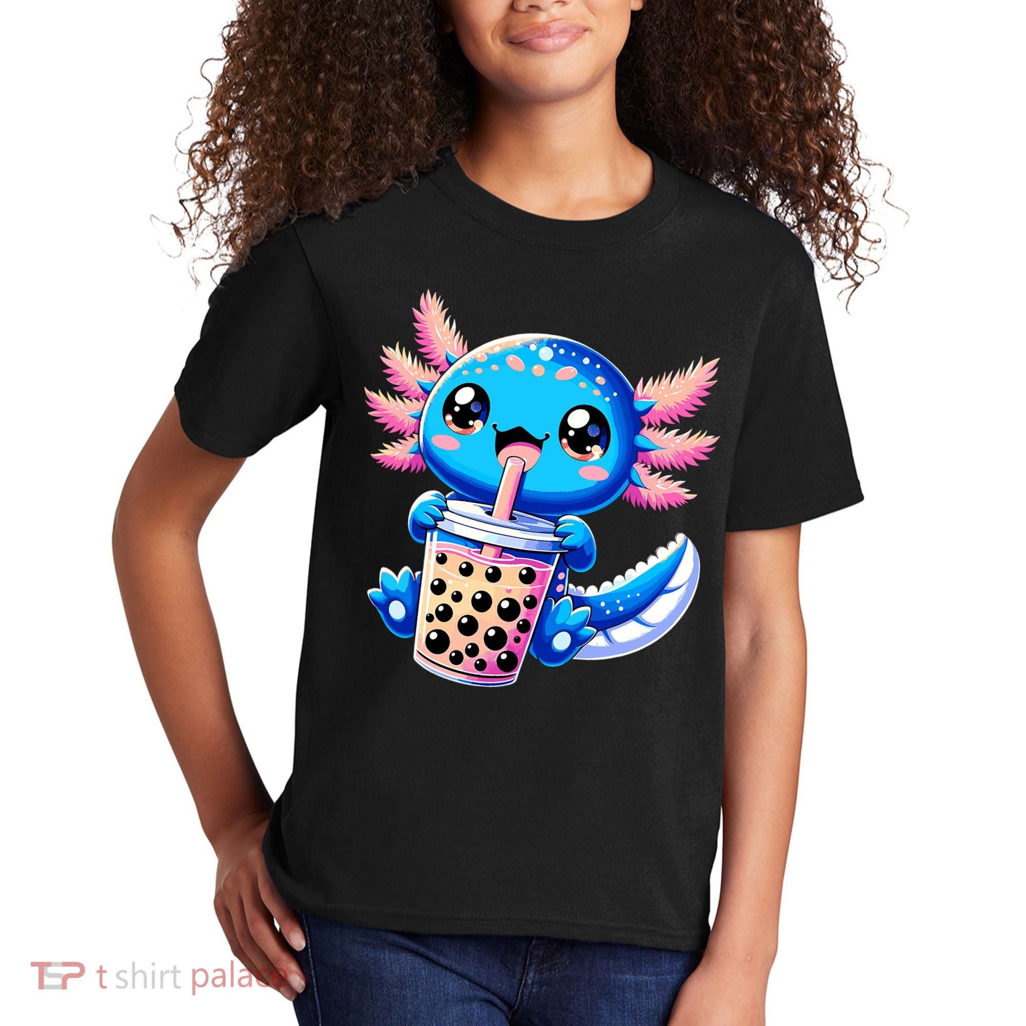 Axolotl Bubble Boba Tea Anime Cute Kawaii Blue Axolotl Kids T-Shirt