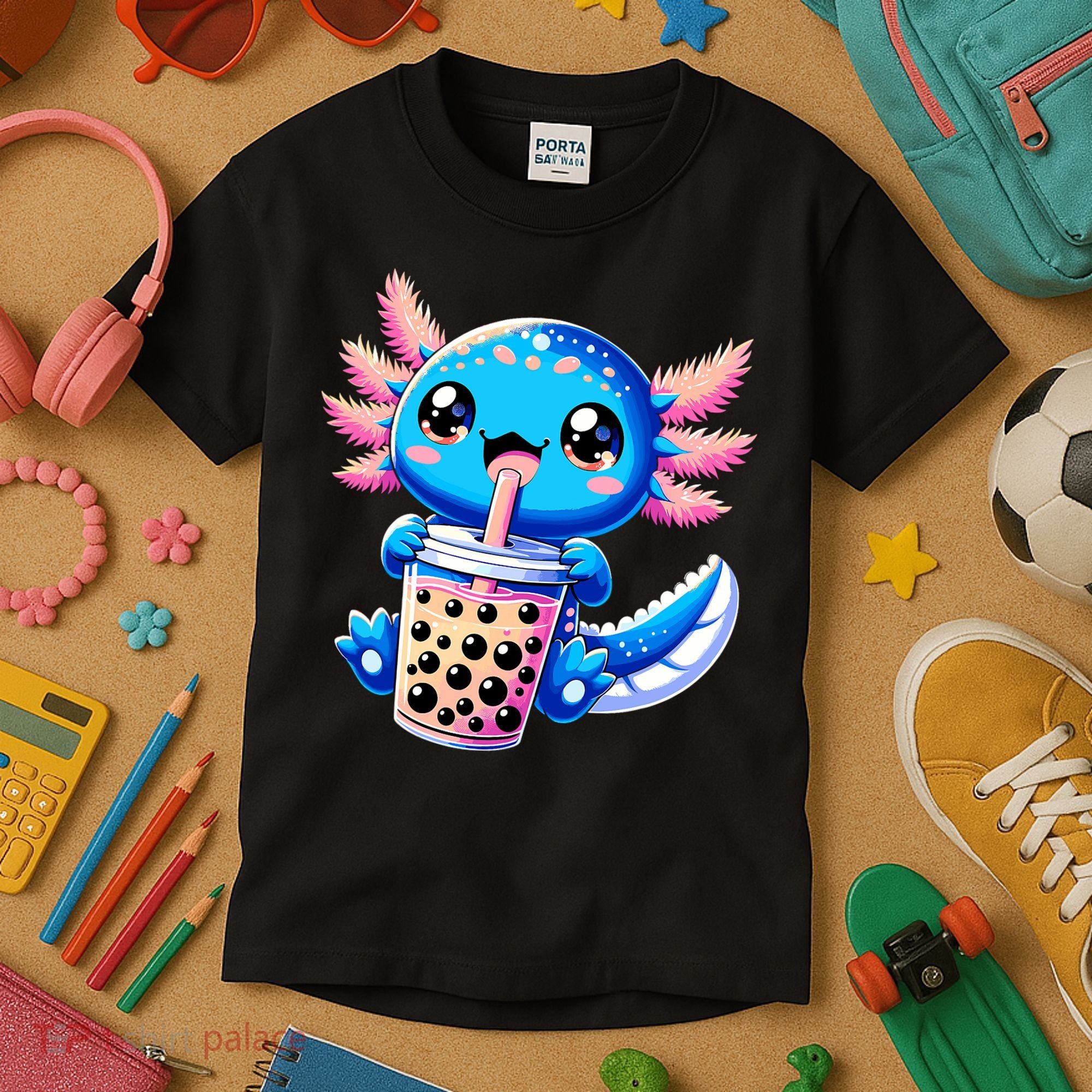 Axolotl Bubble Boba Tea Anime Cute Kawaii Blue Axolotl Kids T-Shirt