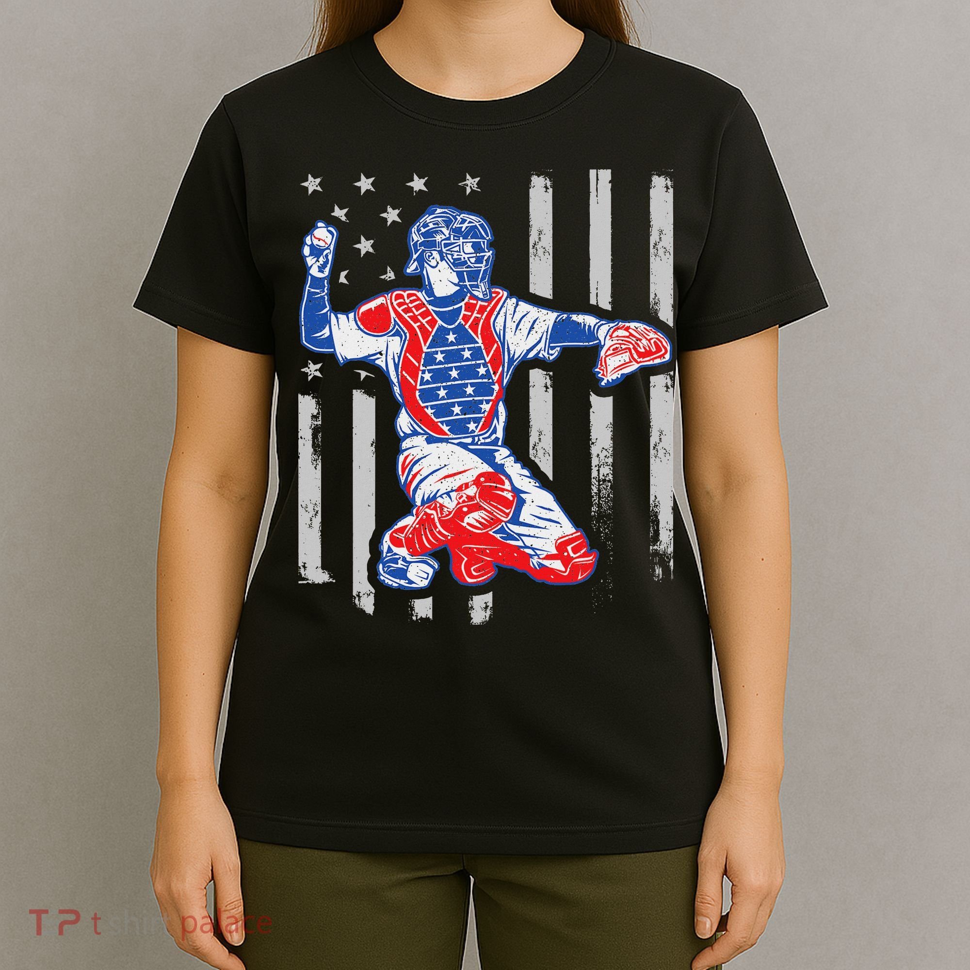American Baseball Catcher Usa Vintage Flag 4th Of July T-Shirt