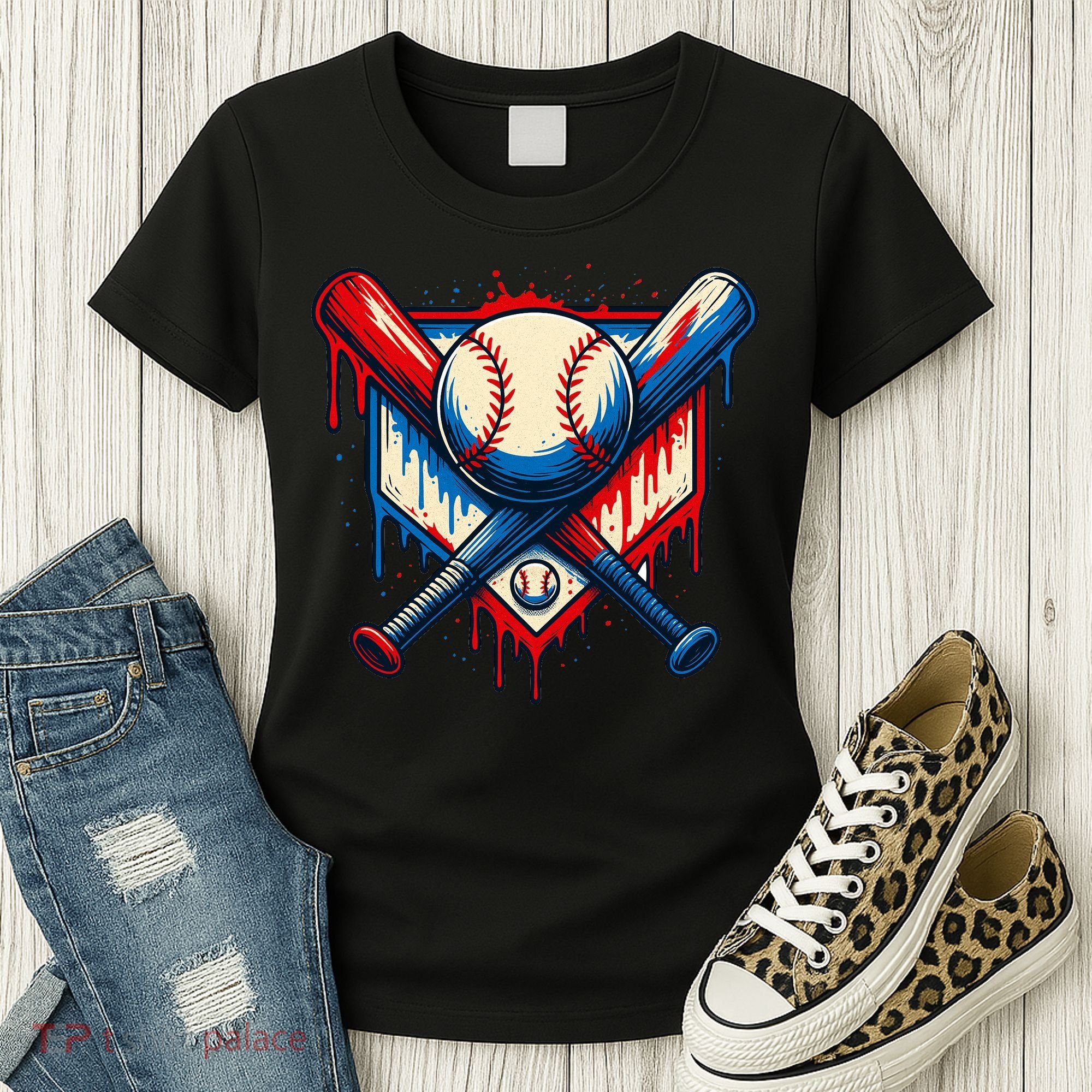 American Baseball Drip Graffiti Ball & Bat Women's T-Shirt