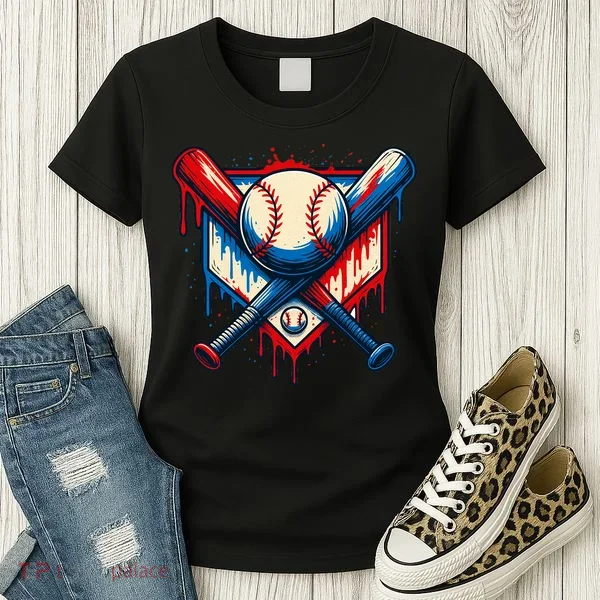 American Baseball Drip Graffiti Ball & Bat Women's T-Shirt