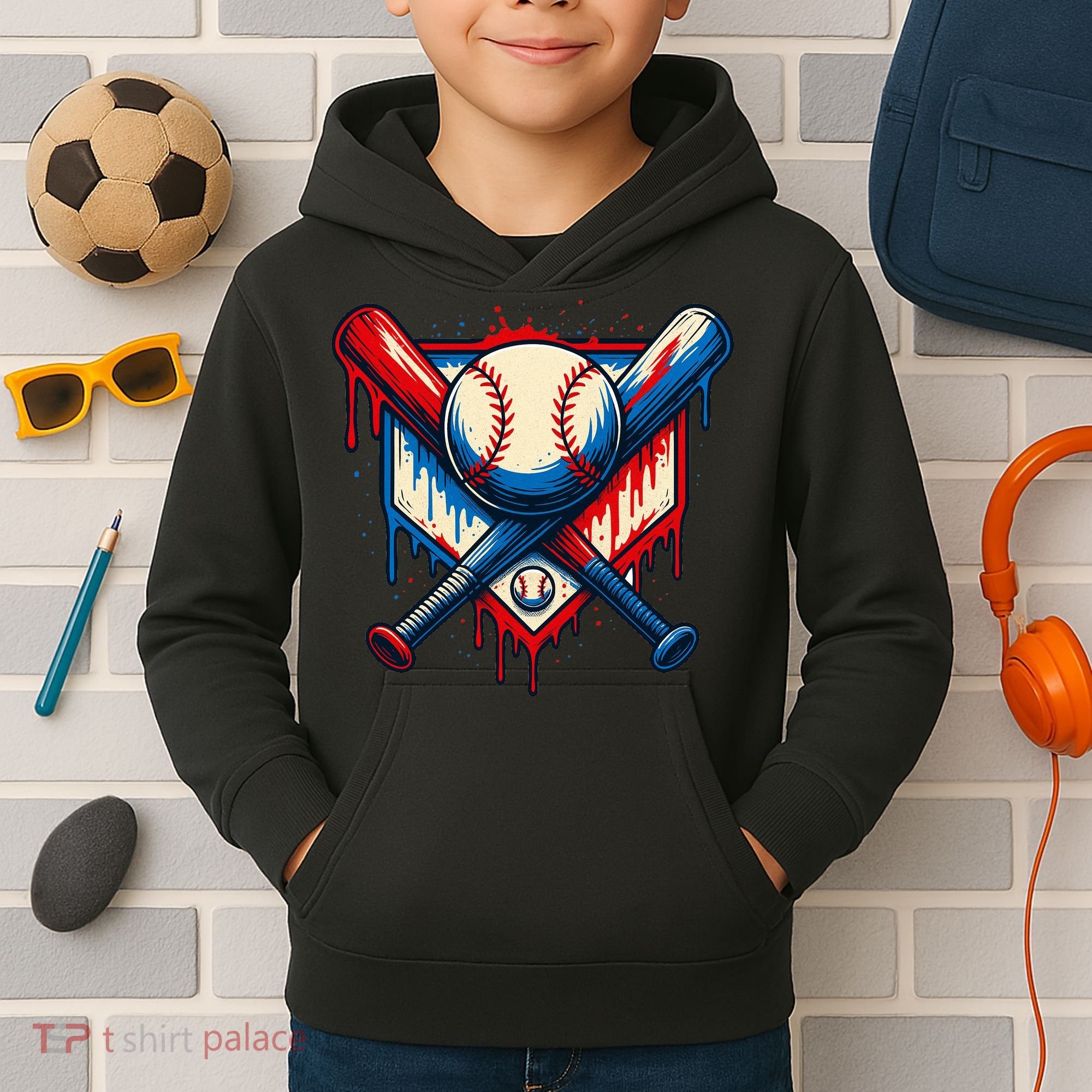 American Baseball Drip Graffiti Ball & Bat Kids Hoodie