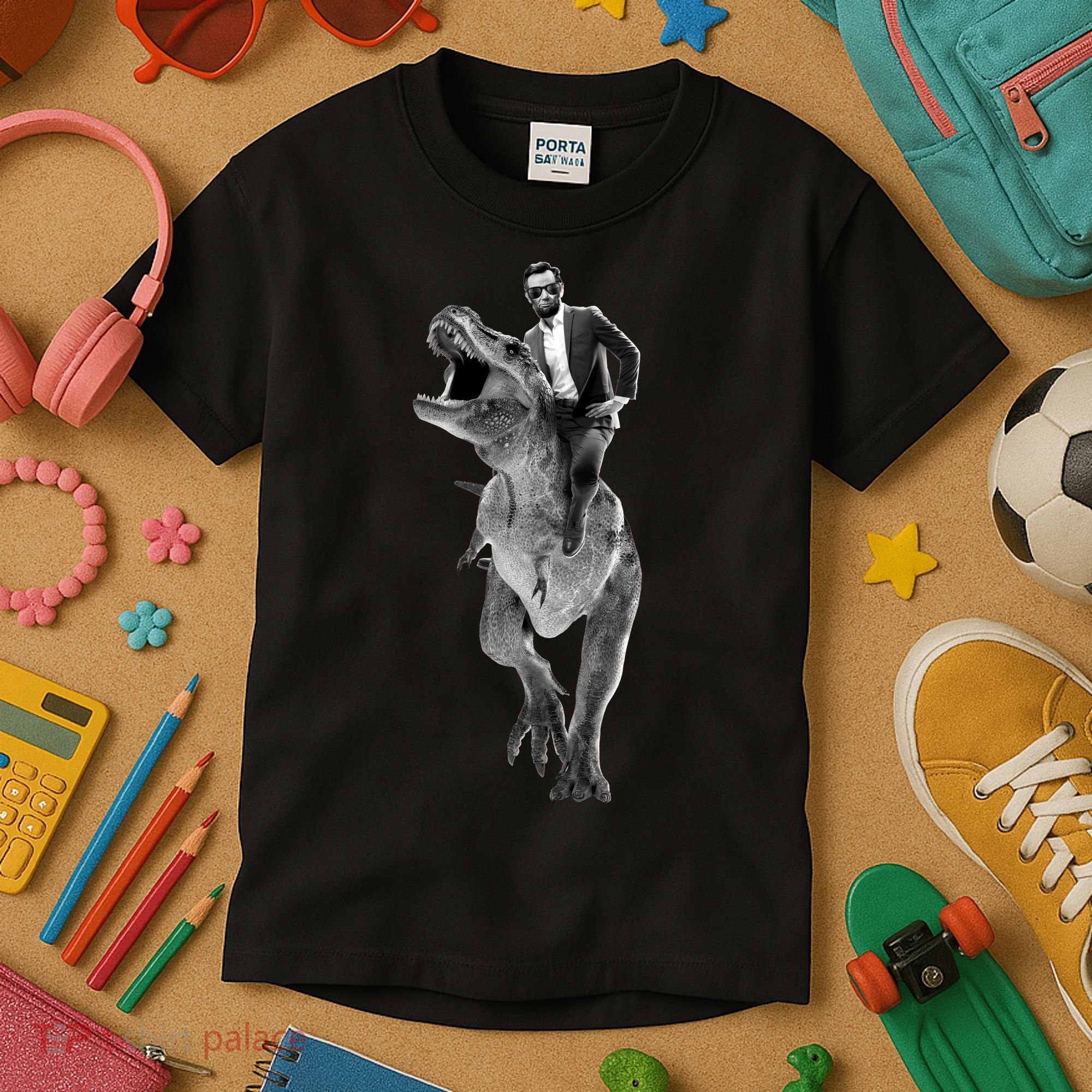 Abe Lincoln Riding A Dinosaur Kids T-Shirt