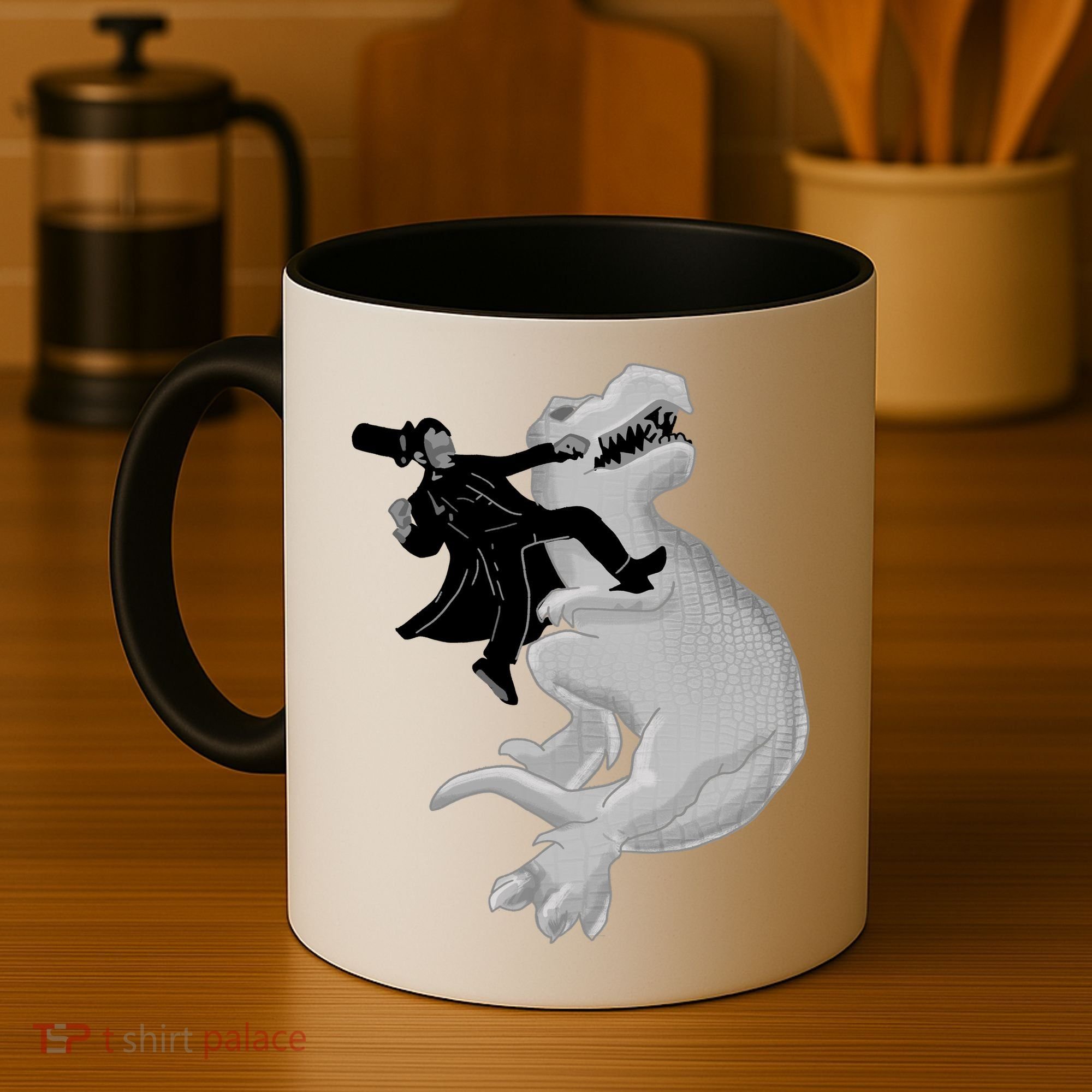 Abe Vs T-Rex Coffee Mug